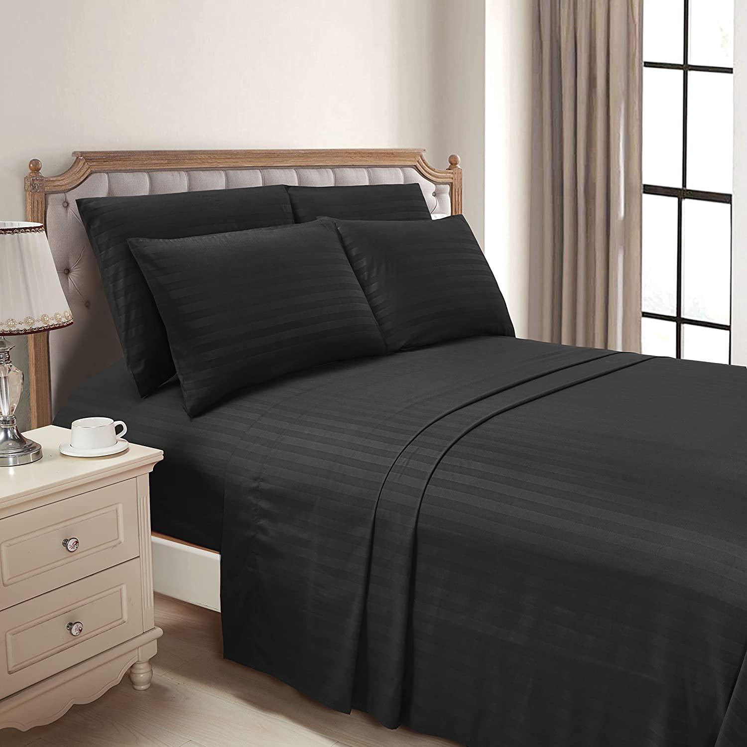 British-Linen British-Linen Sheets and Pillowcases 100% Organic Cotton, Bed Sheets 6 Piece Set, Luxury and Buttery Soft 18\" Deep Pocket Fitted Sheet, Best Comfort Sheets - Black Stripe, Full-XXL Size