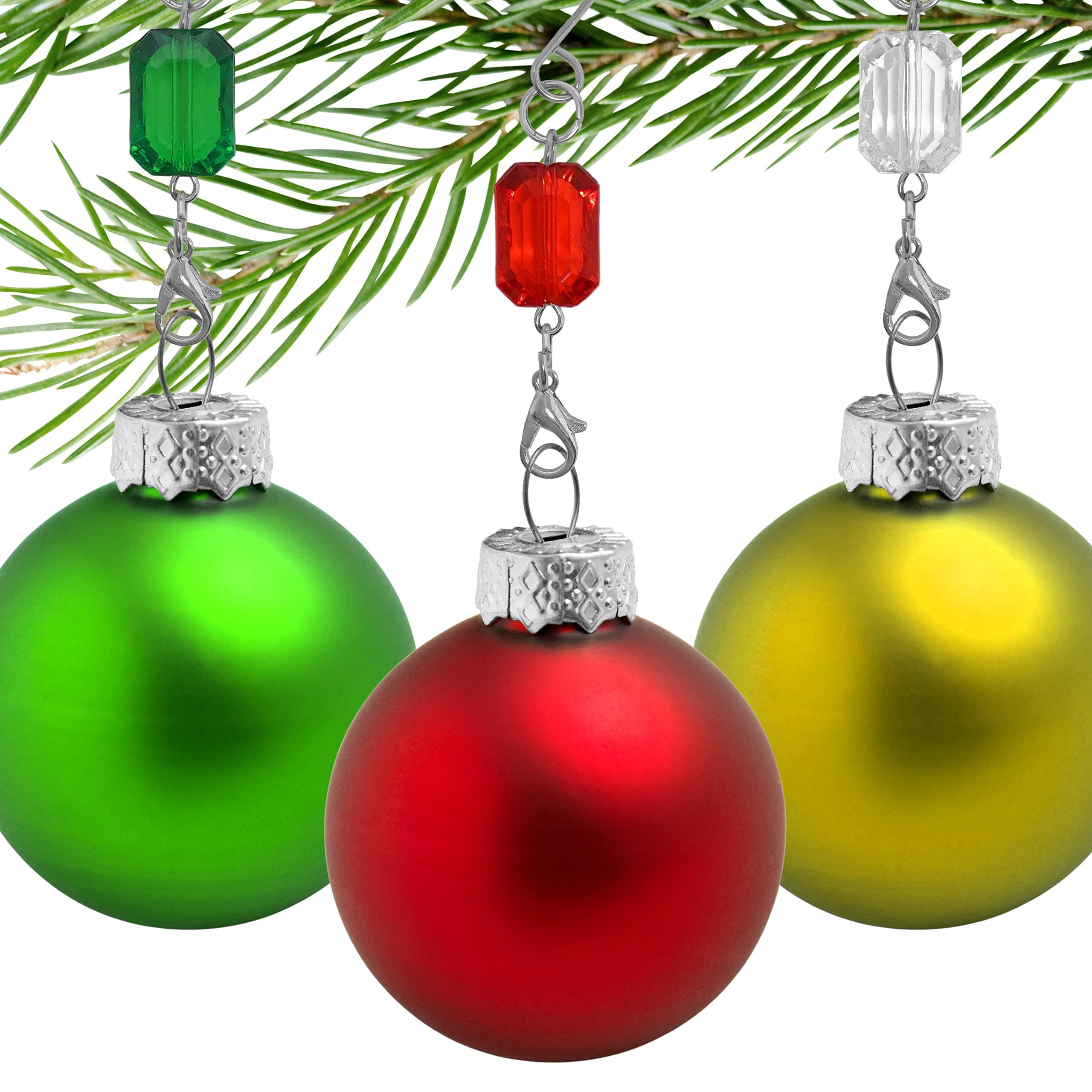 BANBERRY DESIGNS Christmas Ornament Hooks - Set of 120 - Red, Green and Clear Beaded Hangers - Decorative Silver Wire S-Hook with Sparkling Gems - Holiday Seasonal Dcor Accessories