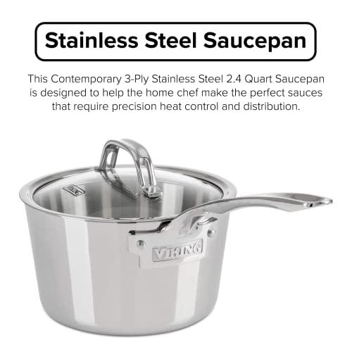 Viking Culinary Viking Culinary Contemporary 3-Ply Stainless Steel Saucepan, 2.4 Quart, Includes Glass Lid, Dishwasher, Oven Safe, Works on All Cooktops including Induction