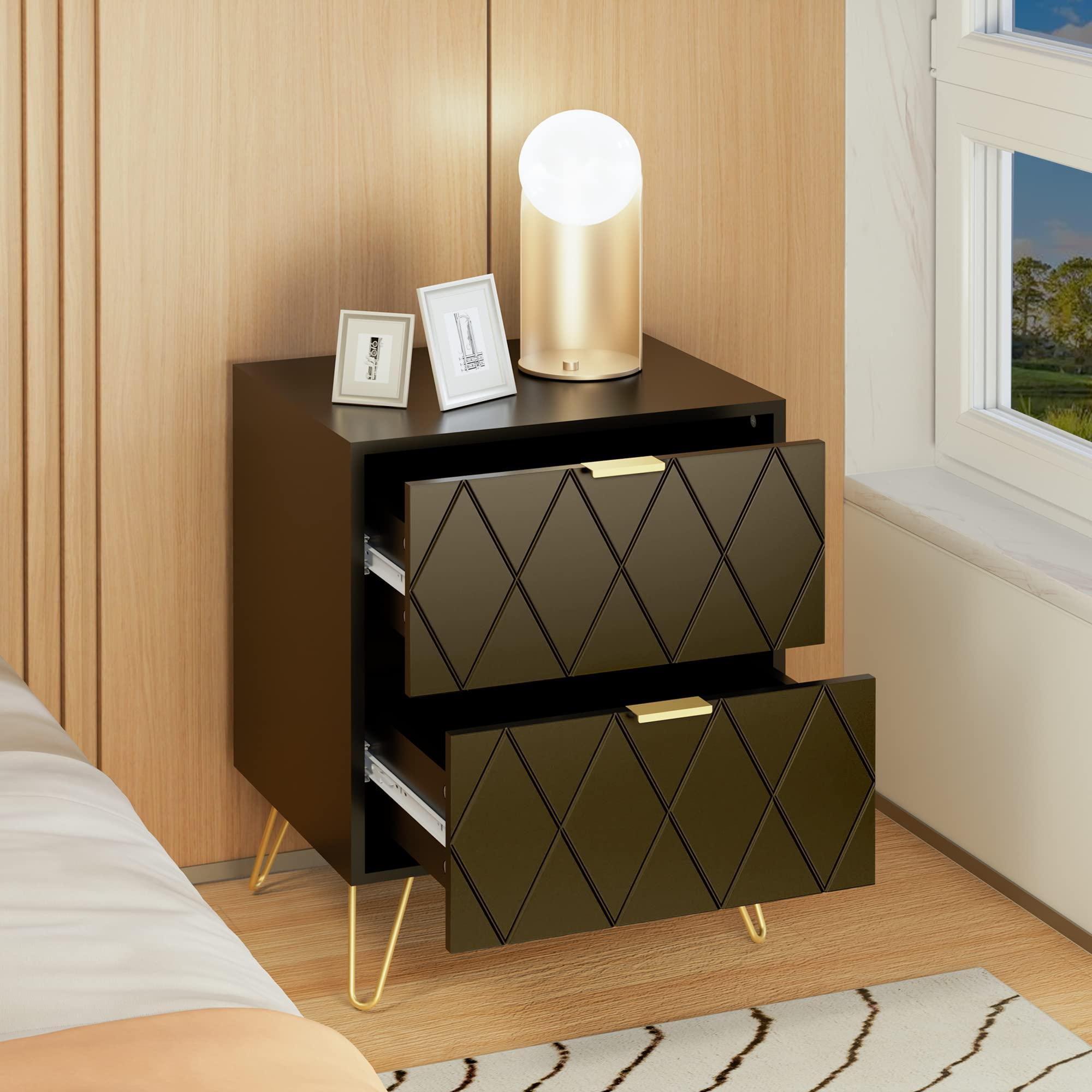 Anbuy Anbuy Black Nightstand Set of 2 with Gold Handle, Bedside Table with 2 Drawers, Night Stands Set of 2 Gold Legs for Bedroom Living Room