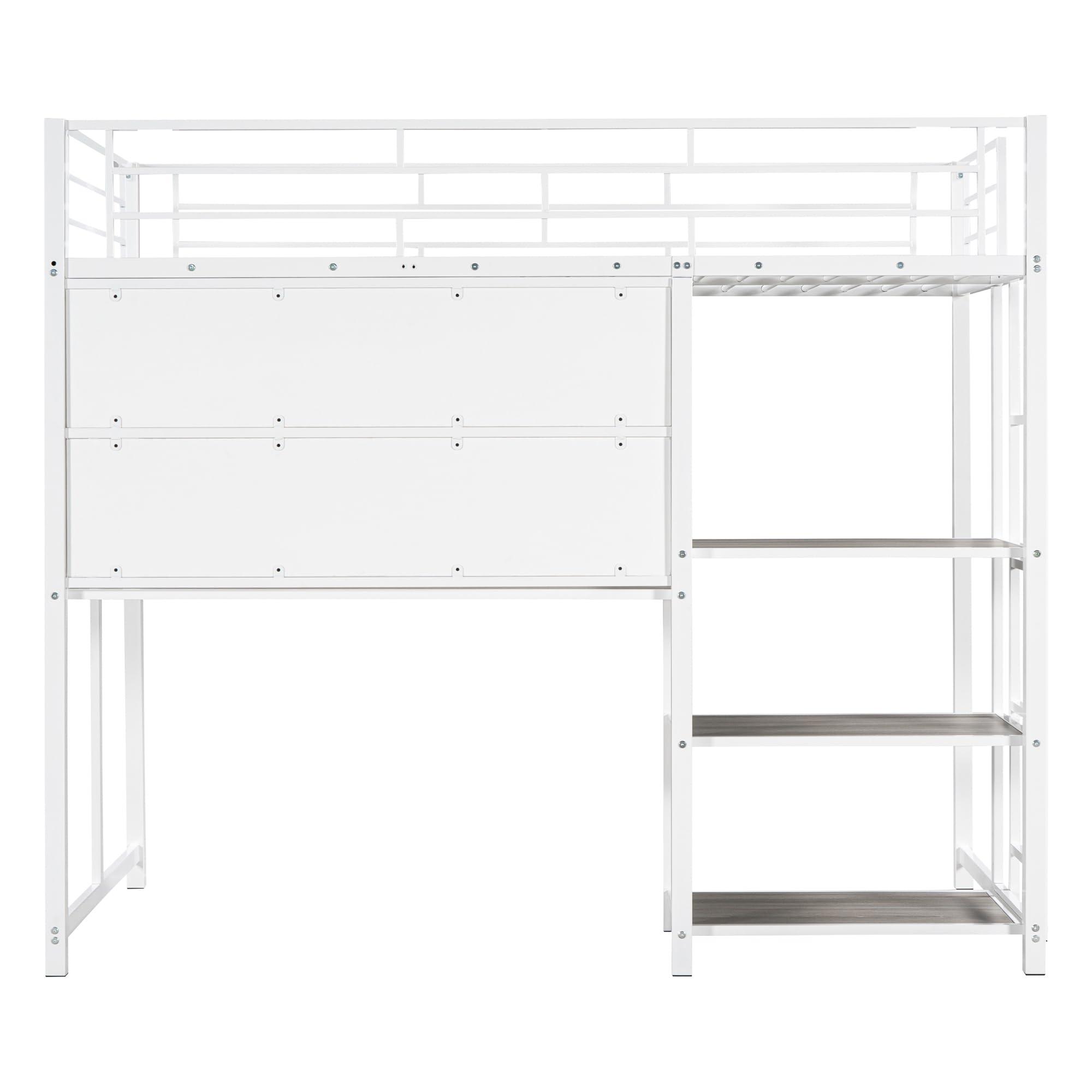 VilroCaz VilroCaz Twin Size Loft Bed with Desk and Whiteboard, Heavy Duty Metal Loft Bed Frame with 3 Shelves and Full-Length Guardrail for Bedroom Guest Room Apartment, Maximized Space (at-White)