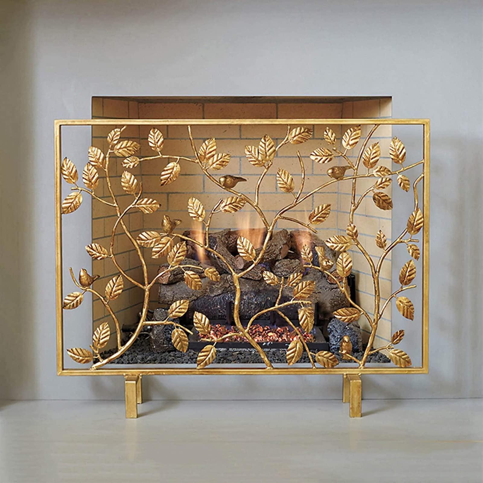 EliteBloom EliteBloom Screen Fire Guard Stove Fire Screen Fireplace Screen Metal Decorative Mesh Free Standing W40xH31.5in Leaf Pattern Design Gold Fire Place Panels,Baby Safe Proof Fence Marria,
