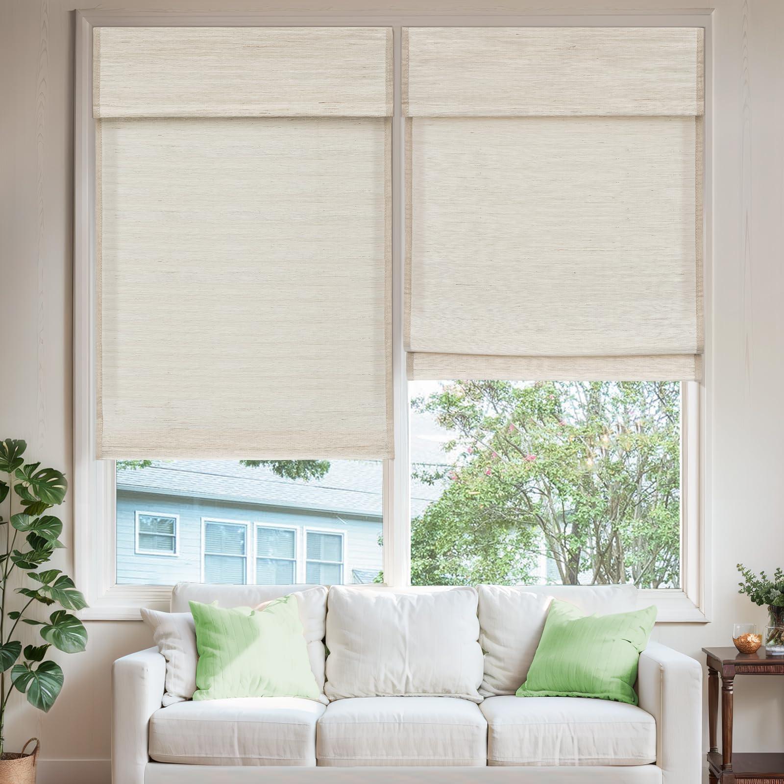 MiLin MiLin Roman Shades for Windows Cordless Blackout Roman Window Shades Blinds 100% Natural Linen Hand-Made Roman Shade - River Oaks (with Lining, Block 60%-70% Light) 38" W x 52" H