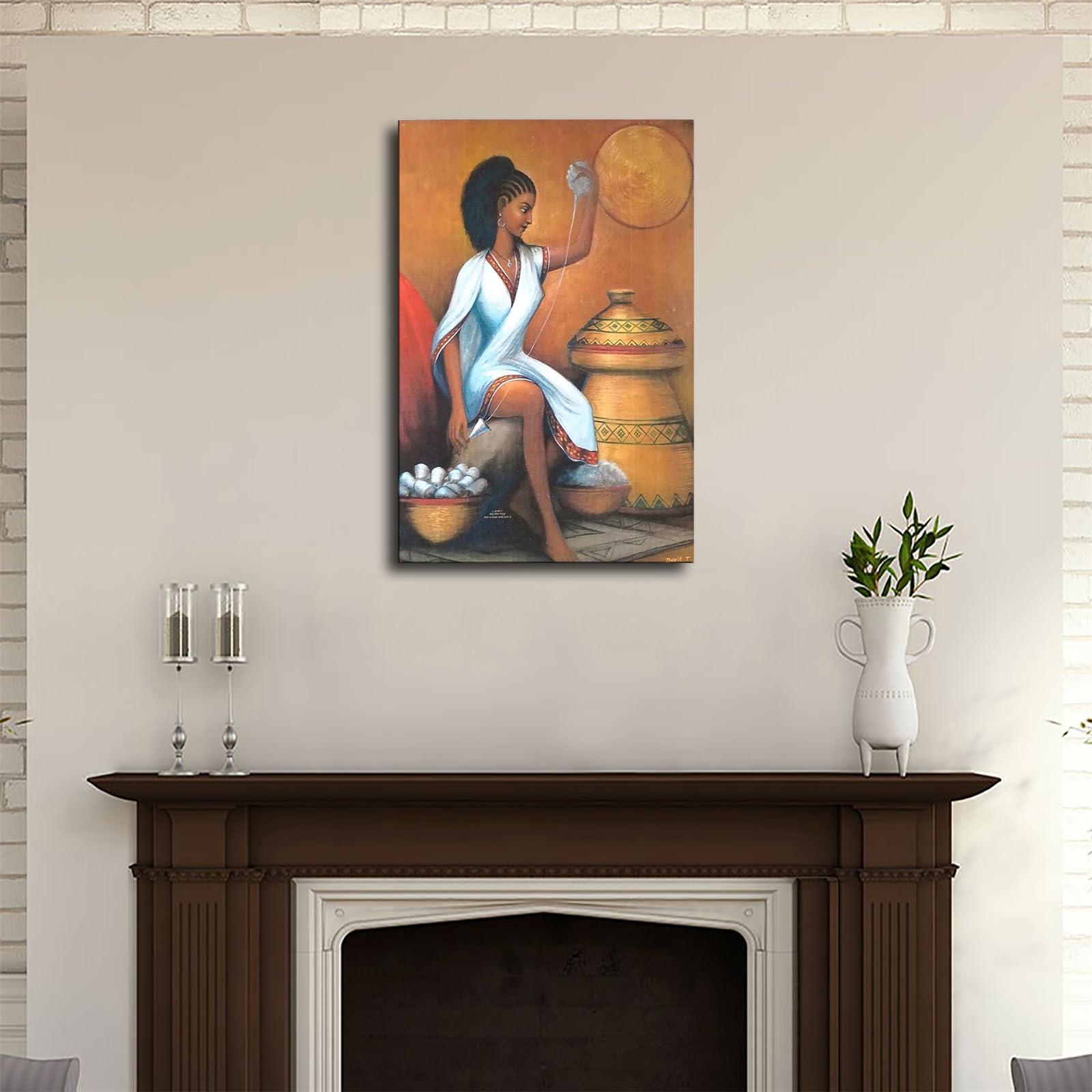 Hekdi Ethiopian Girls Work Poster Canvas Painting Print Modern Aesthetics Living Room Bedroom Home Office Wall Art Decoration (Framed,2436inch)