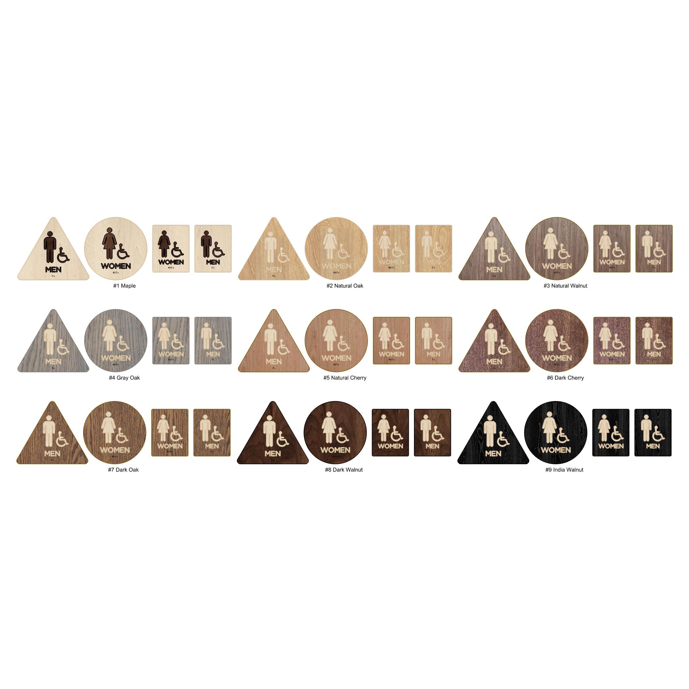 Gray Skunk California Title 24 Restroom Signs - ADA Compliant Bathroom Set of 4 Signs - Custom Modern Interiors - Grade 2 Braille Included (India Walnut)