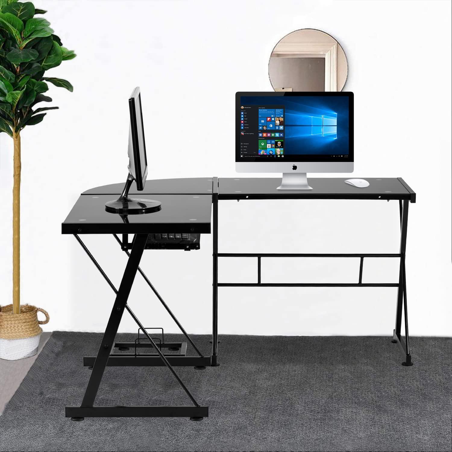 BestOffice L Shaped Computer Desk,Gaming Desk Home Office Corner Desk Toughened Glass Writing Study PC Modern Executive Table with Keyboard CPU Stand for Kids Student Women Men