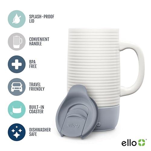 Ello Ello Jane 18oz Ceramic Travel Mug with Handle, Splash-Resistant Slider Lid and Built-in Coaster, Perfect for Coffee and Tea, BPA Free, Dishwasher Safe, Holiday Gift Her Him, Gray