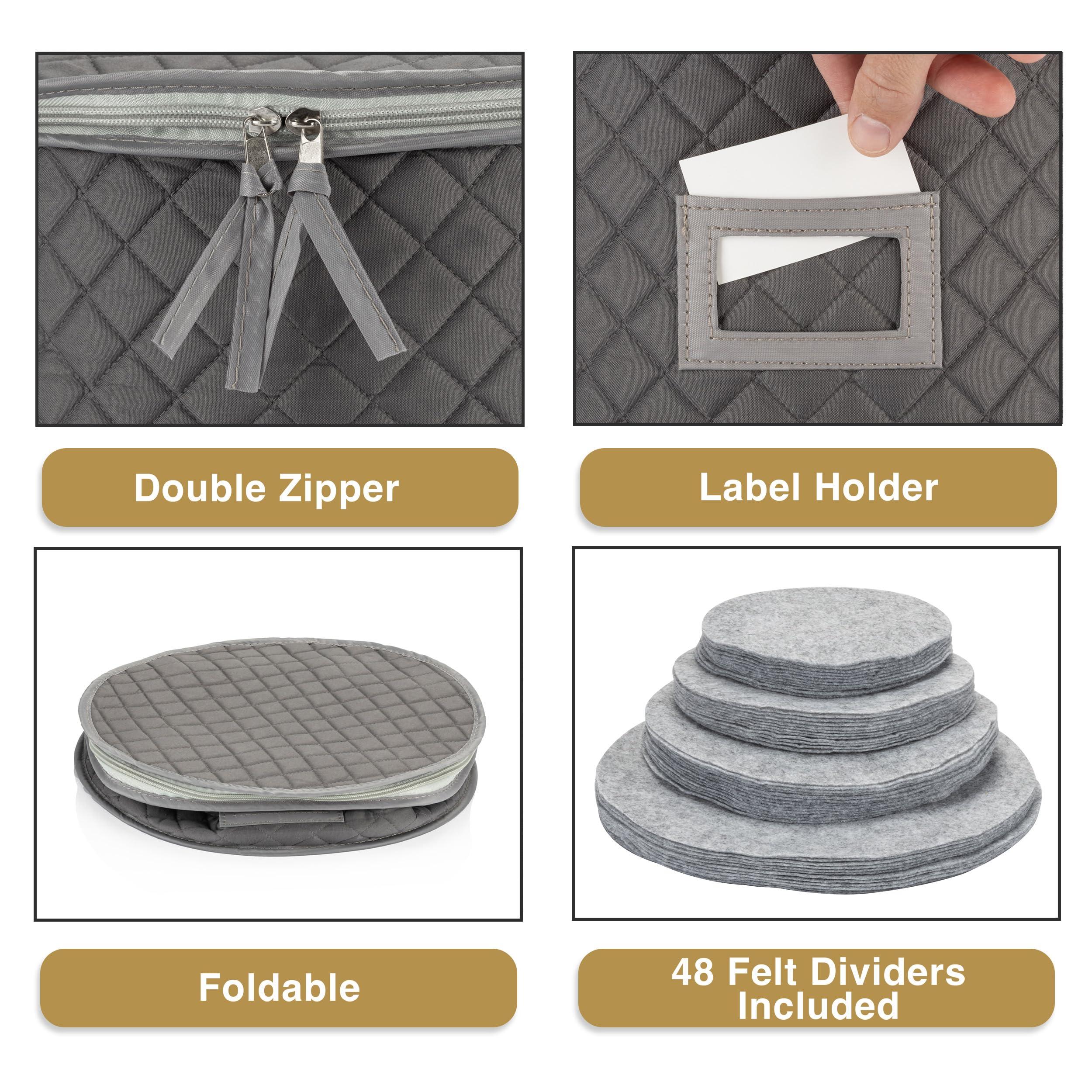Stack Store Plus More Fine China Storage - Set of 4 Quilted Cases for Dinnerware Storage. Sizes: 12" - 10" - 8" and 7" Wide - Gray - 48 Felt Plate Separators Included