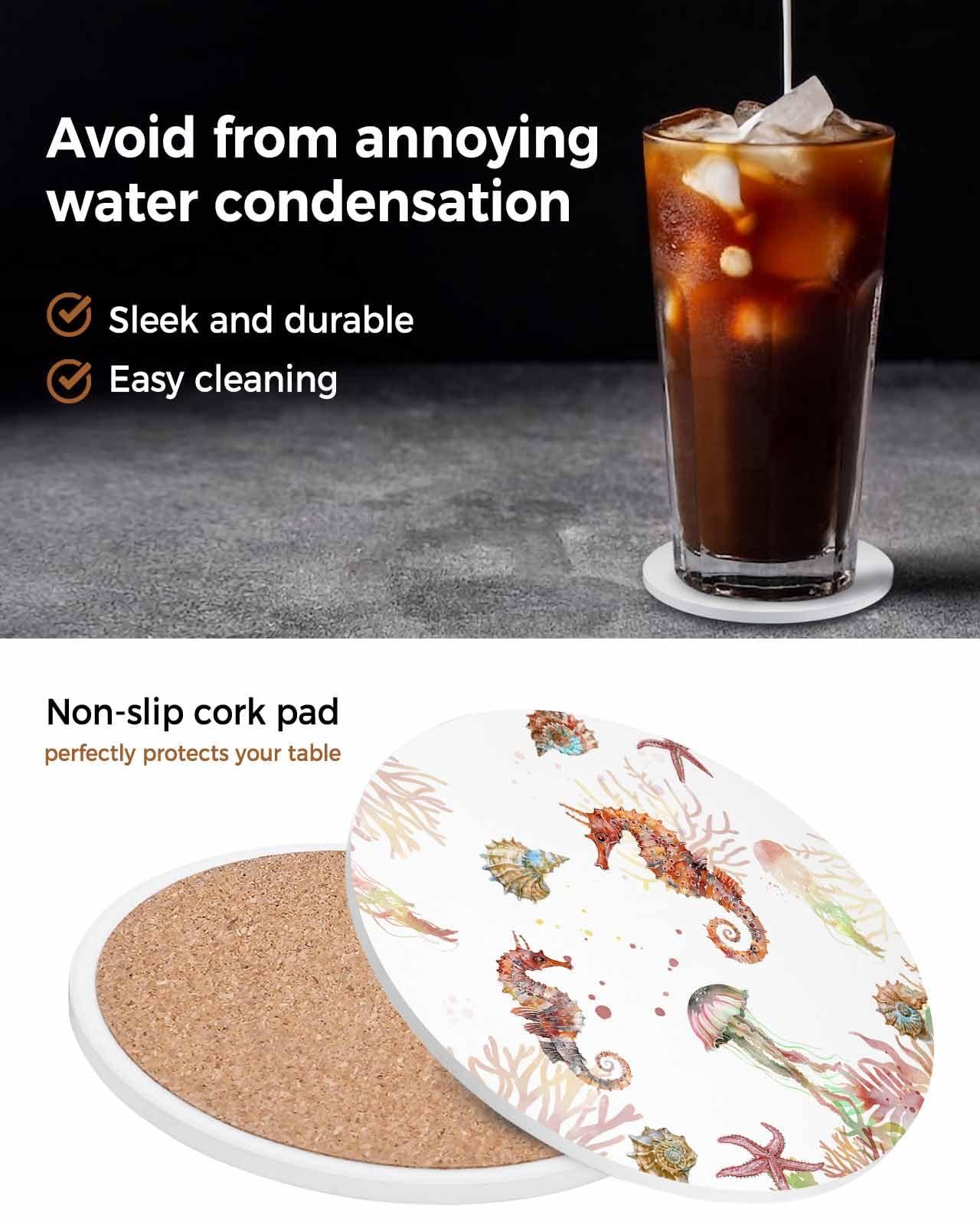 EwdeWwo Ocean Absorbent Coaster for Drinks with Cork Summer Marine Life Nautical Seahorse Starfish Ceramic Coasters Set for Room Decor, Bar, Housewarming, Holiday Party (6-Piece Set with Holder)
