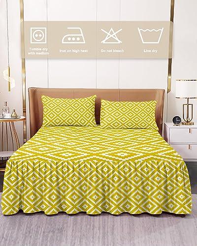 PRINT PICTURE ARTHOME Bed Skirt Full Size 18 Inch Drop, Yellow Wrap Around Bed Skirts Set - 1 Bed Sheet & 2 Pillowcase(30\"x20\"), Geometric Square Texture Dust Ruffle Bedding Sets
