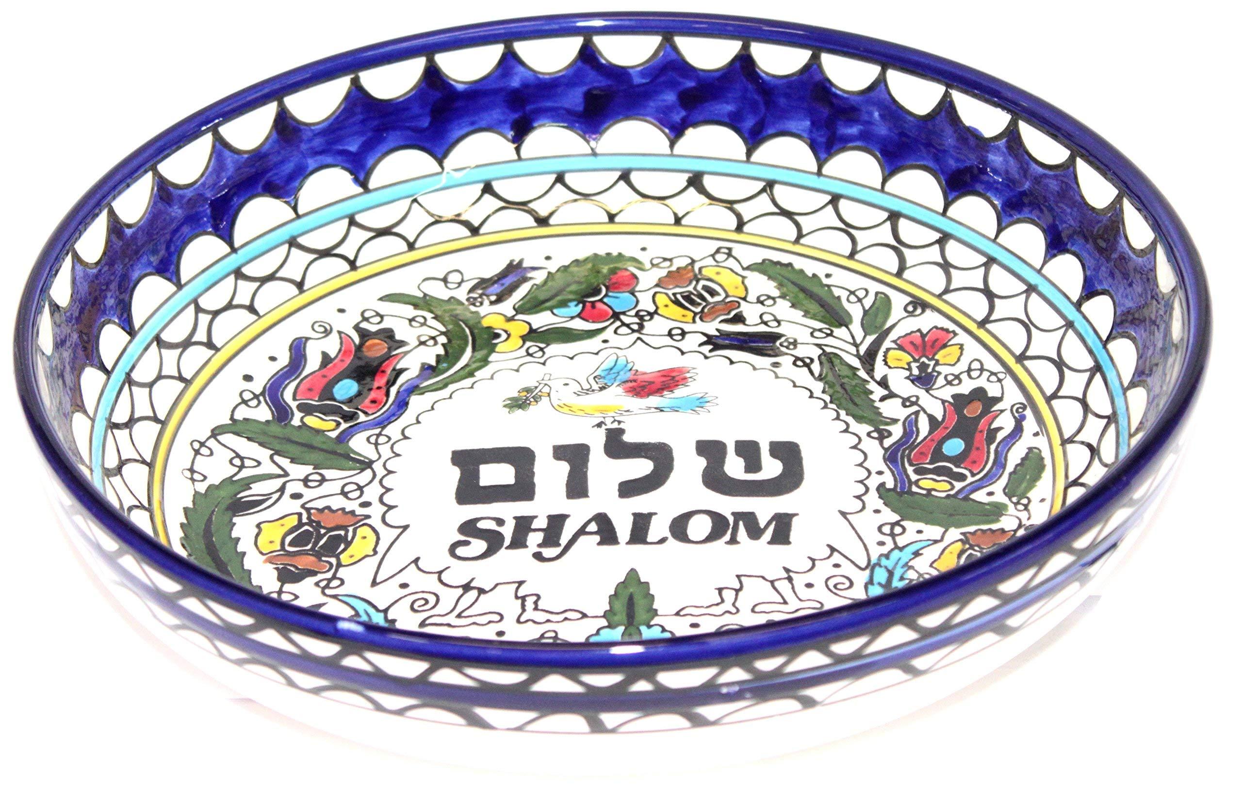 Holy Land Market Holy Land Market Shalom/Peace with Pigeon Armenian Ceramic Bowl - Large (12 inches in Diameter and 2.25 Inches deep) - Asfour Outlet Trademark