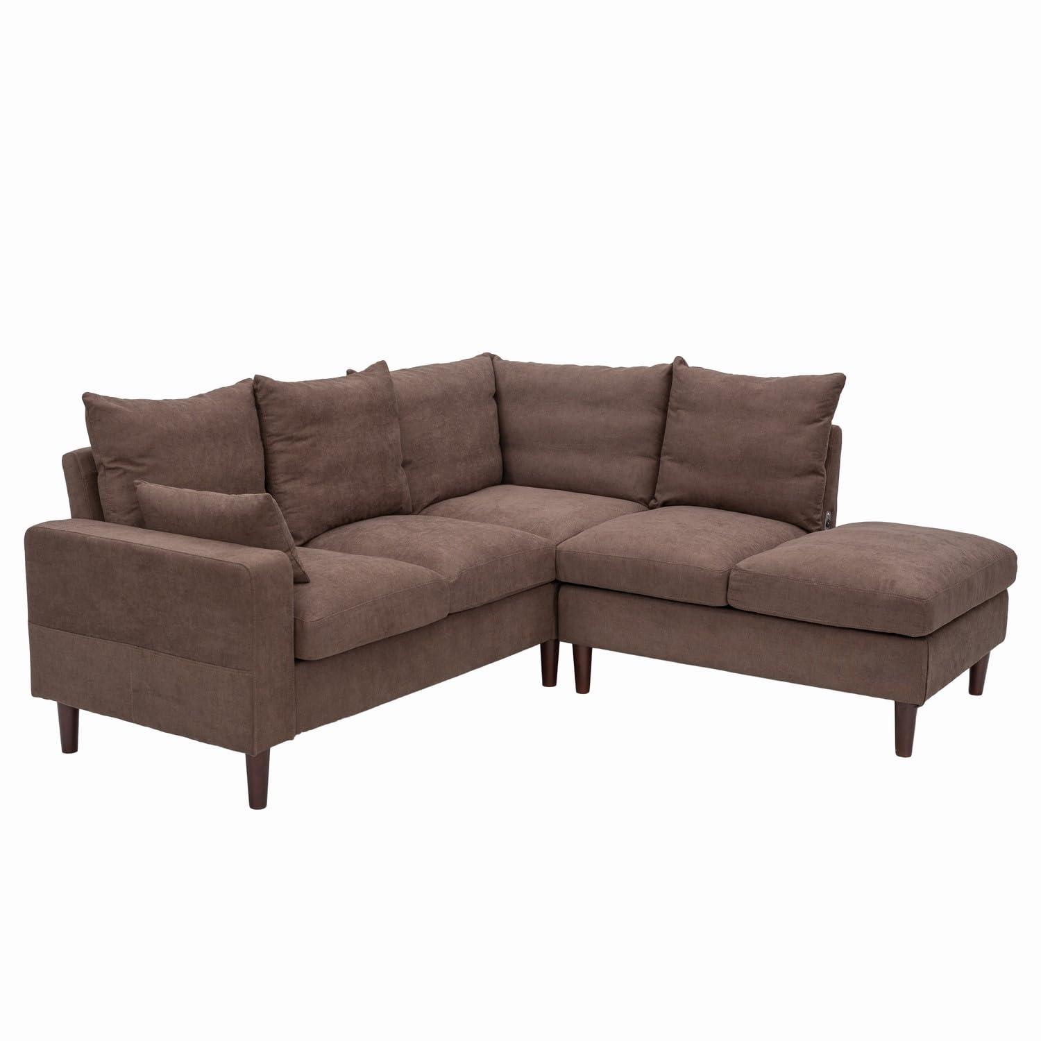 Panana Living Room Furniture Sectional L-Shaped Sofa with Built-in USB Port,Universal Corner Couch Extra Wide Chaise (Brown Linen Fabric, 5 Seater with Built-in USB Port - Track Arm)