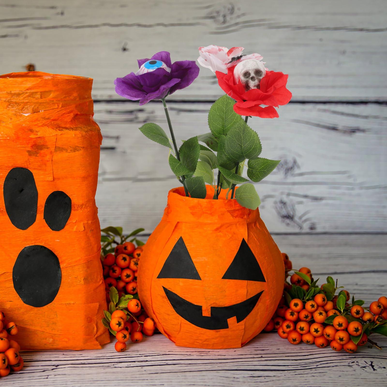 LOGOFUN LOGOFUN 3Pcs Halloween Fake Flowers Artificial Bloody White Roses with Eyeball Flower Bouquet Eyeball Spider Skeleton Flowers for Halloween Decoration