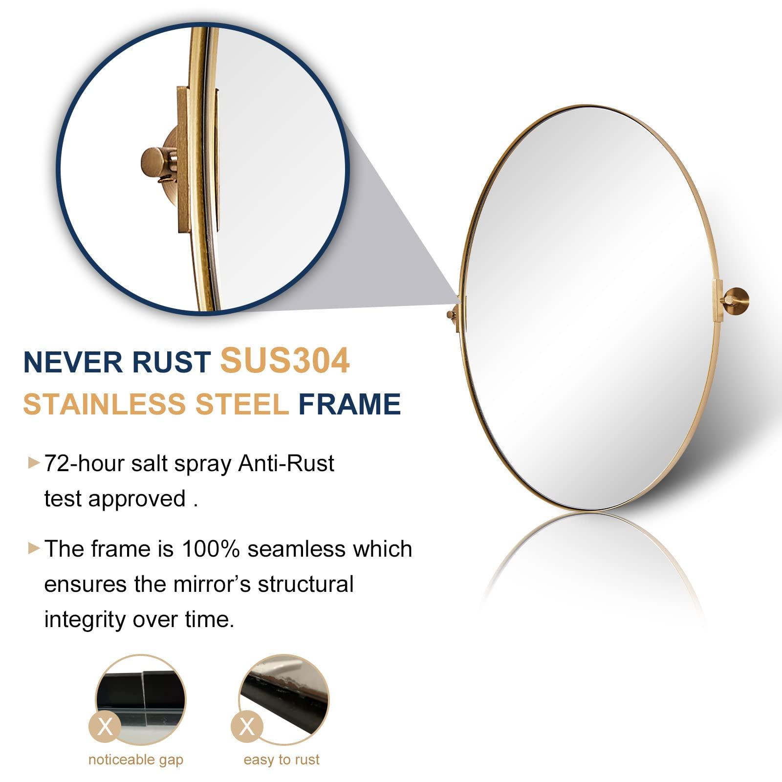 ANDY STAR ANDY STAR Gold Oval Mirror, Oval Pivot Bathroom Mirror, Brushed Gold Oval Pivot Mirror Bathroom Stainless Steel Metal Frame Tilting Vanity Wall Mirror Hangs Vertical