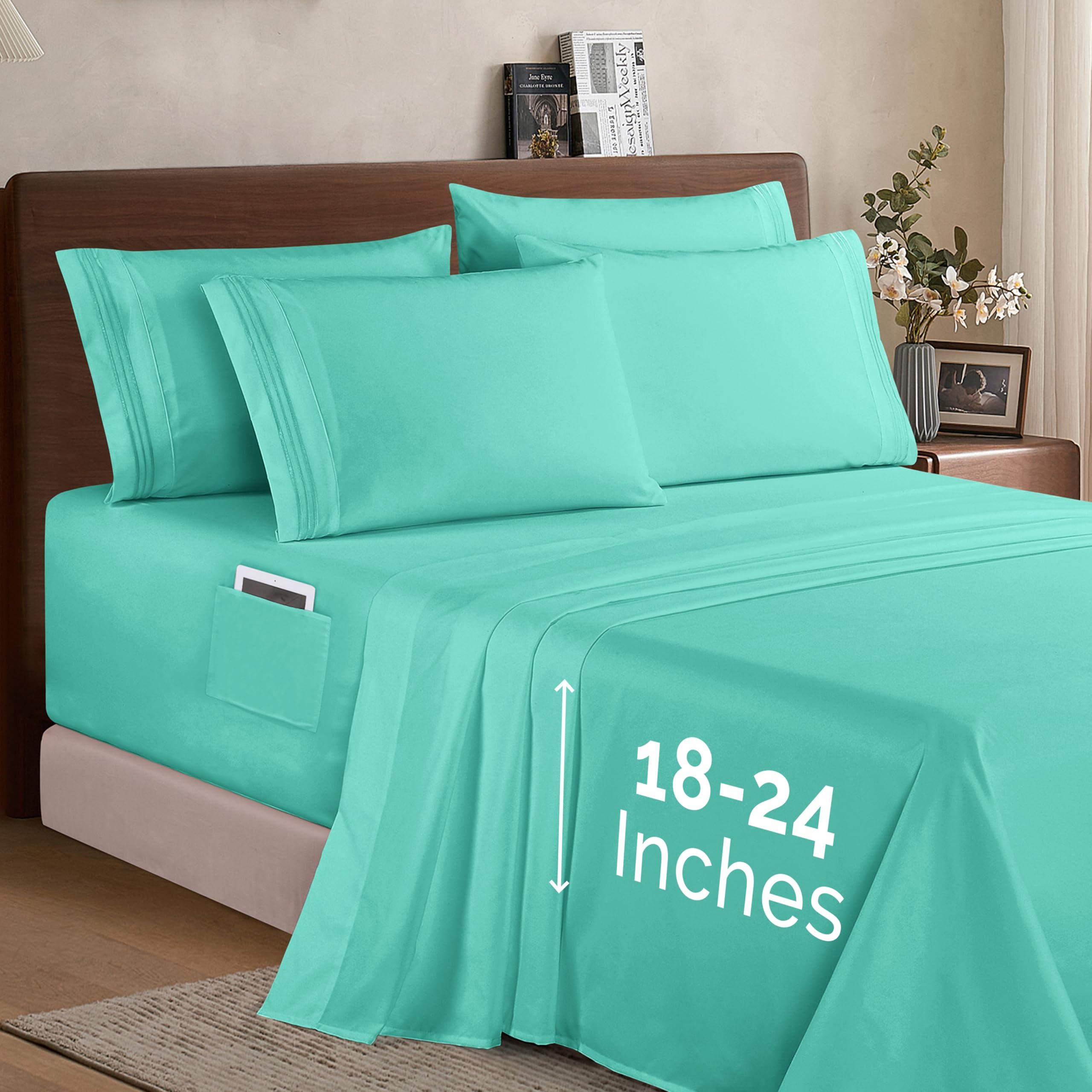 Elegant Comfort Elegant Comfort 1500 Premium Quality 6-Piece Bed Sheet Set - 18-24 Inch Extra Deep Pocket, Smart Storage Pockets, Wrinkle Free Ultra Soft 6PC Extra Deep Pocket Sheets, Full, Paradise Teal