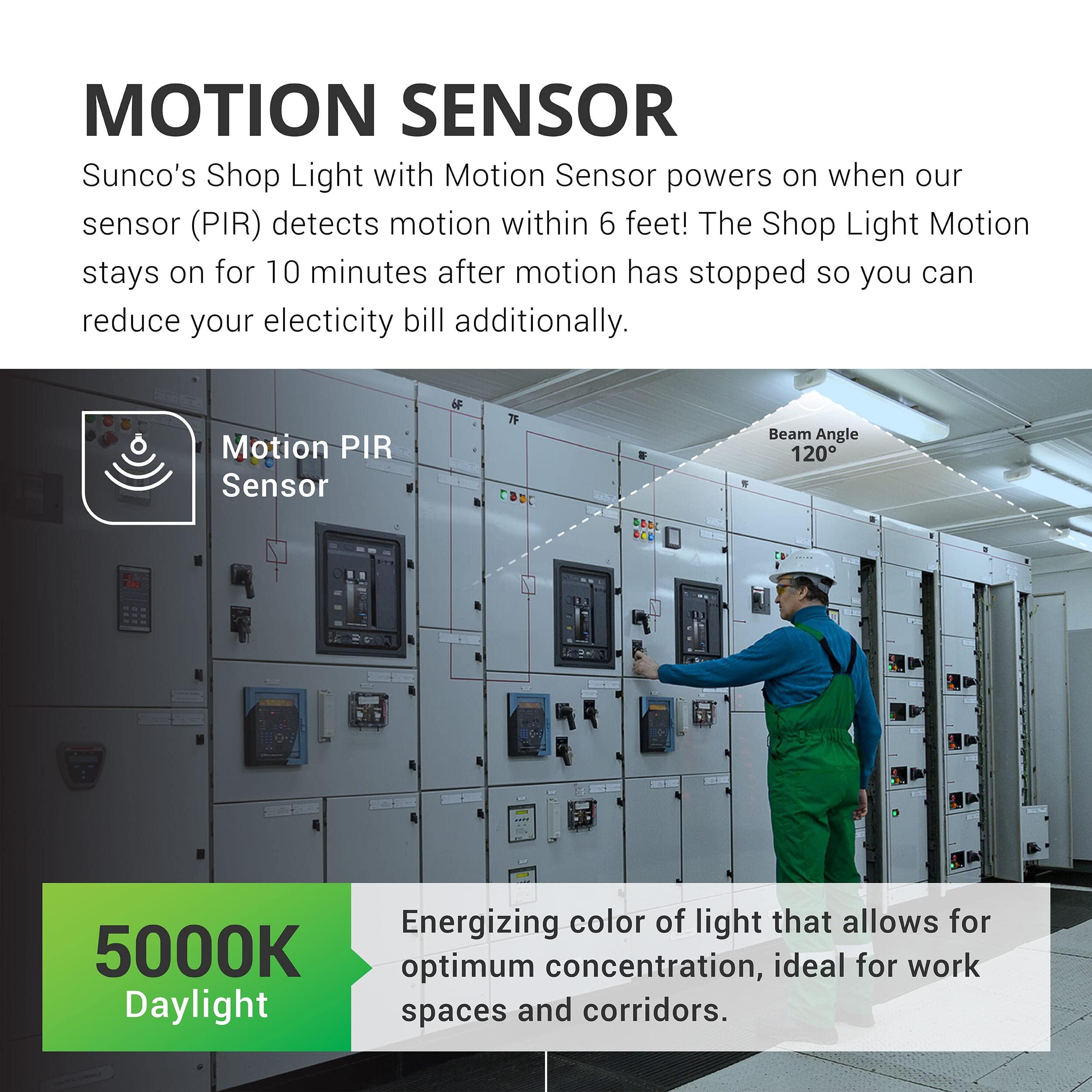 Sunco Lighting Sunco Motion Sensor 4ft LED Shop Light, Garage Lights Ceiling LED Plug in Fixtures, 40W, 5000K Daylight, Frosted, Motion Activated, Linkable Suspension Mount, ETL 4 Pack