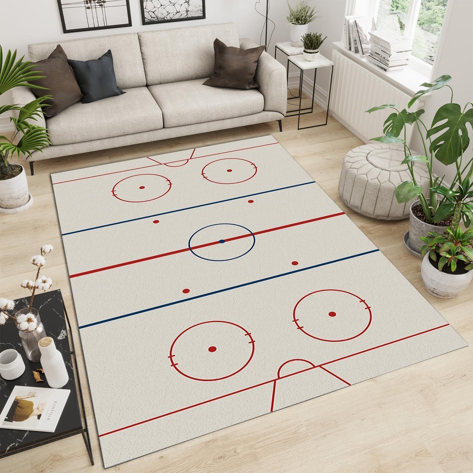 FXOURA Blue and White Ice Hockey Stadium Area Rug, Simple Ice Hockey Rink Rugs Floor Carpet, Indoor Non-Slip Rug for Room Sofa Living Room Mat Bedroom Home Decor Floor Mats 4ftx6ft