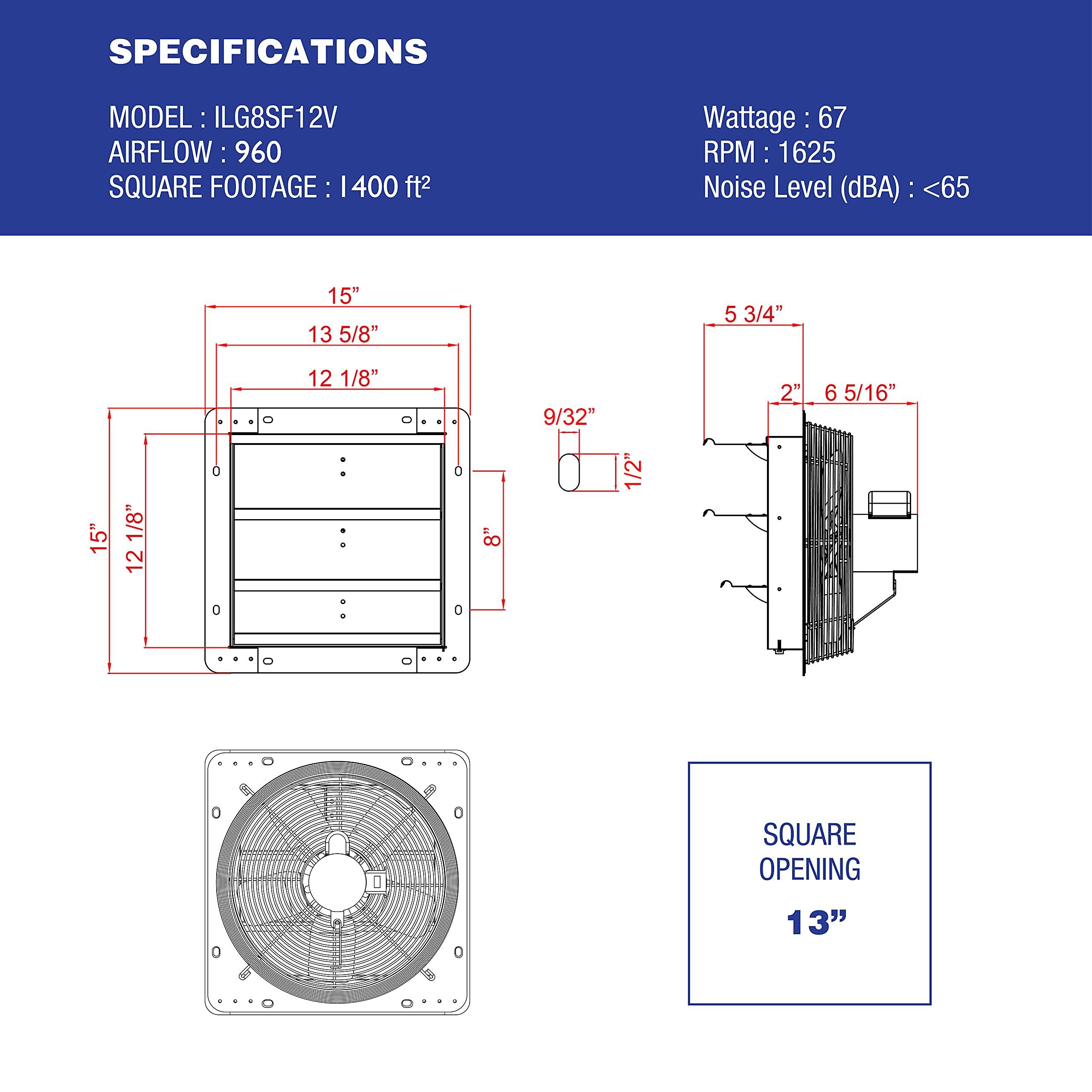 iLIVING iLiving 12-Inch Wall Mounted Exhaust Fan with Variable Speed, 960 CFM, 1400 SQF Coverage Area, Silver
