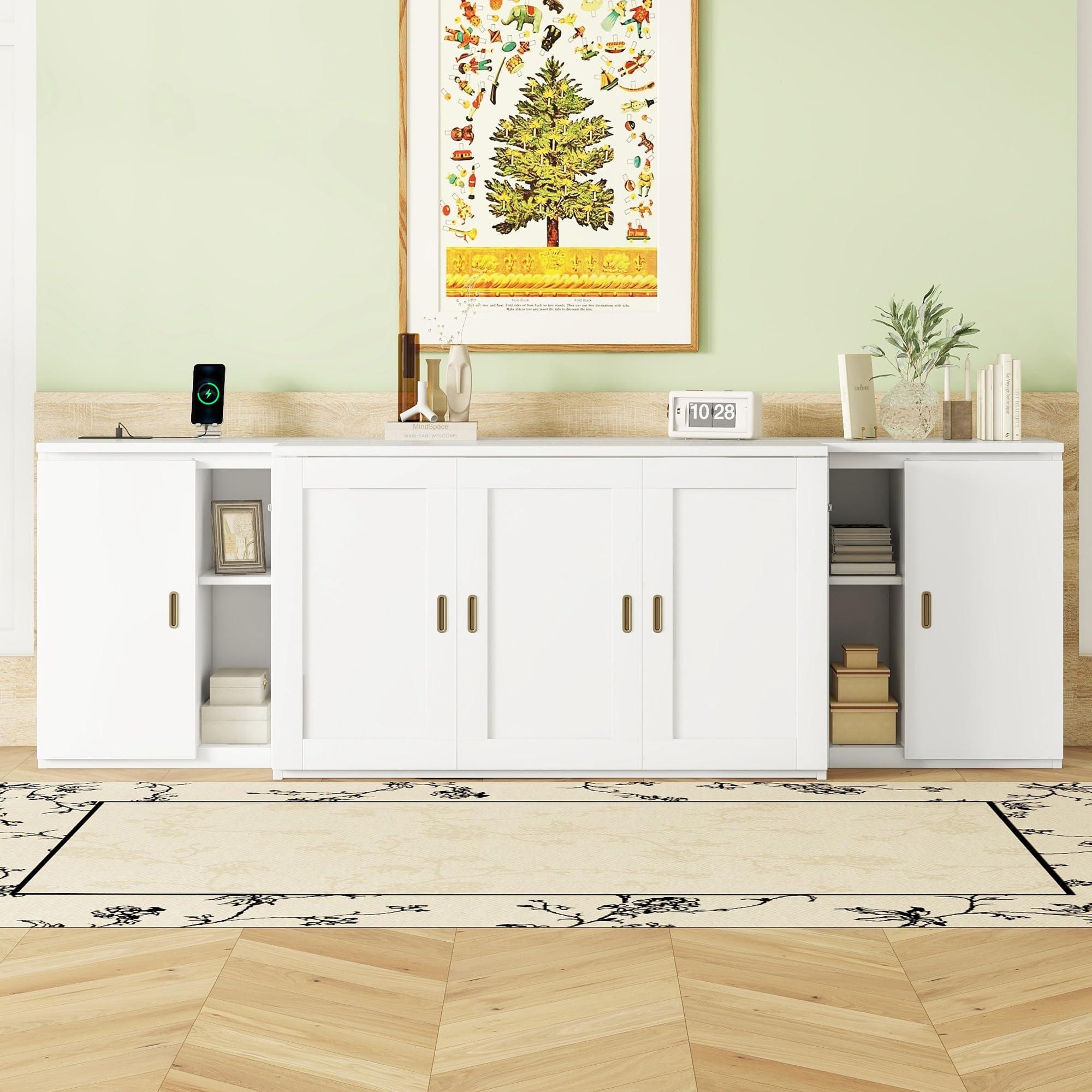 Ball & Cast Ball & Cast Full Size Murphy Bed Chest,Cabinet Hideaway Platform Bedframe with Shelves and USB Ports,Wood Furniture can be Folded,Easy Assembly,Platform Bedframe for Kids Bedroom,Student Dorms,White