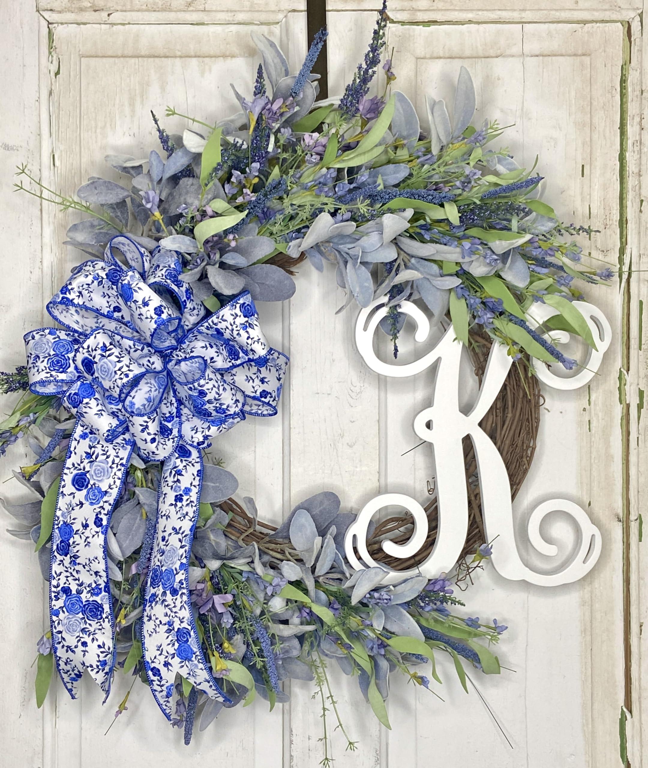 Generic Lavender and Lamb\'s Ear Monogram Initial Front Door Wreath with Choice of Bow on Grapevine Base-Handmade in the USA