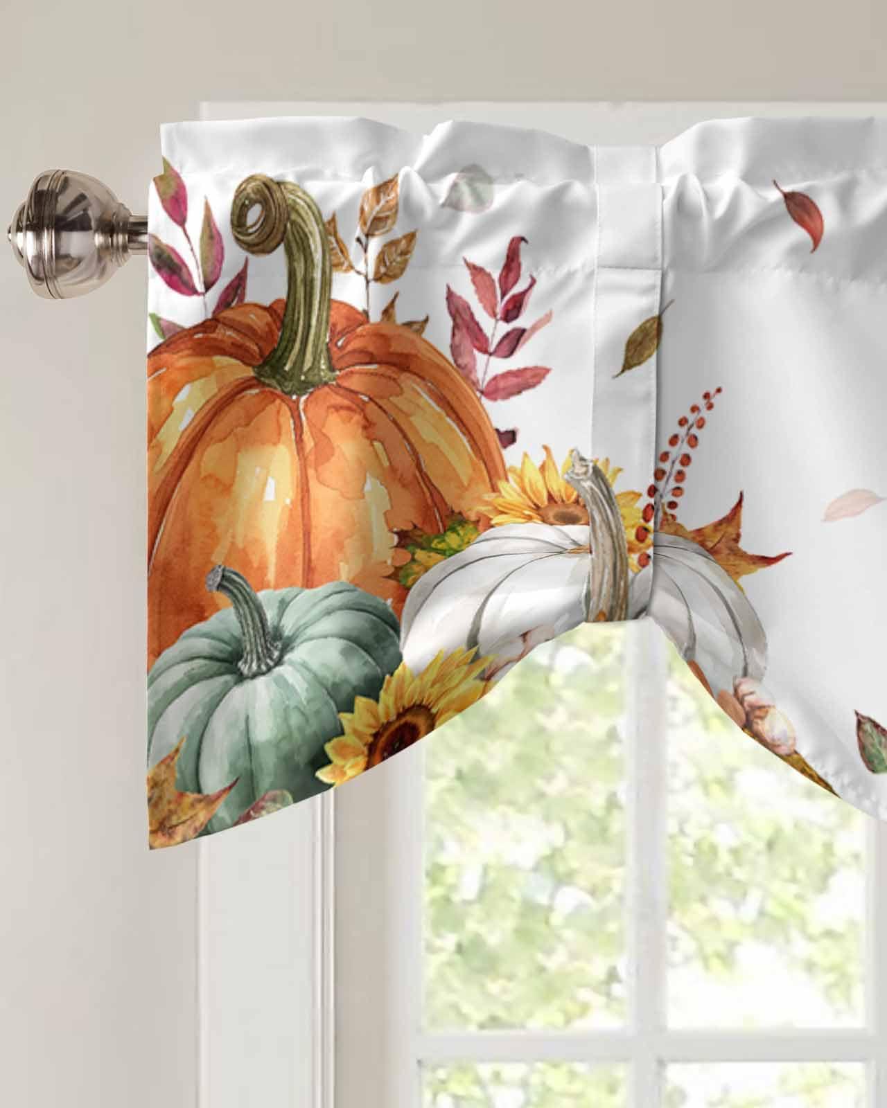 BOBOWUNY Sage Green Fall Tie Up Valances for Windows/Kitchen/Bathroom/Bedroom, Orange White Pumpkins Sunflower Thanksgiving Maple Adjustable Curtain Valance Balloon Window Shades Small Drapes Panel 54''x18''