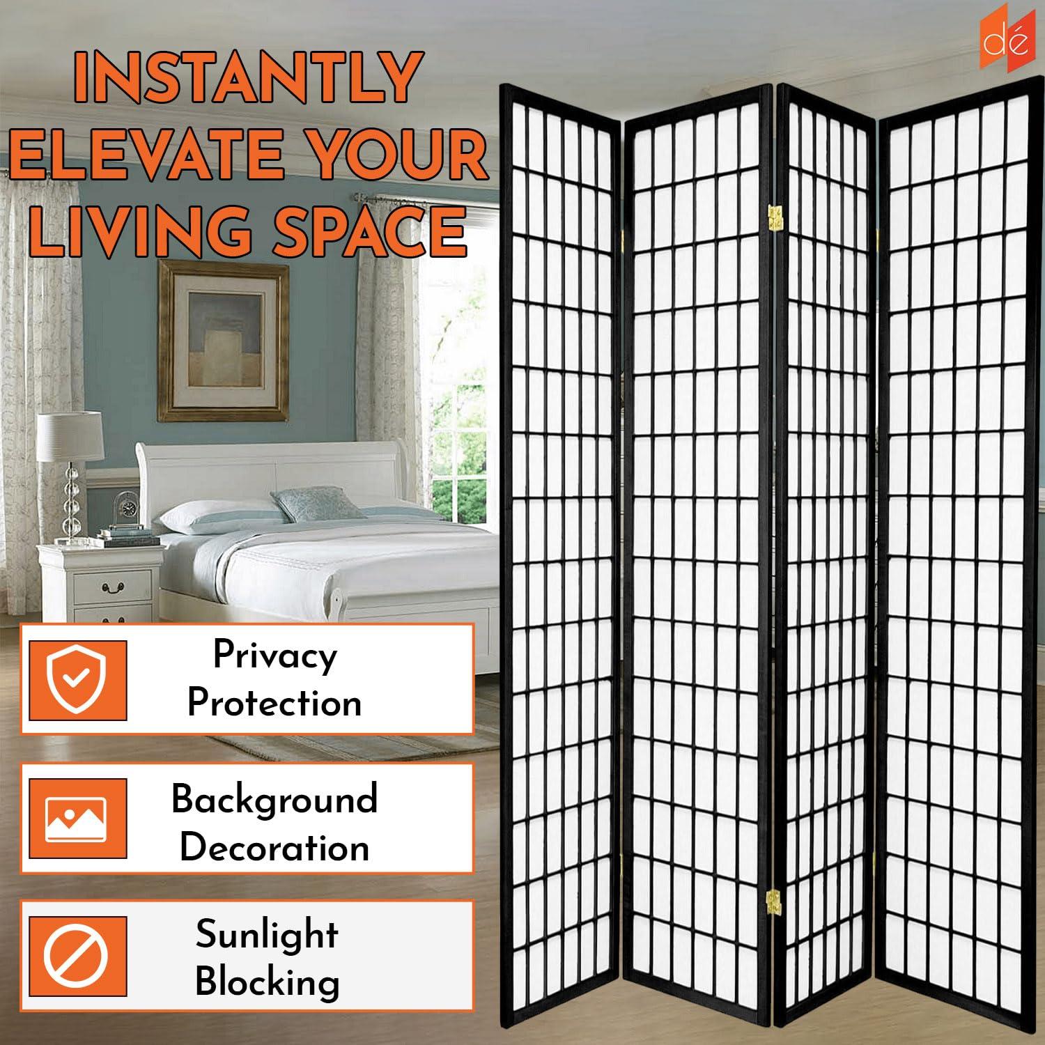 Legacy Decor Legacy Decor 4 Panels Room Divider - Portable & Foldable Freestanding Room Privacy Screen - 6ft Tall Shoji Style Dressing Screen - Temporary Wall Partition for Home, Office & Studio - Black