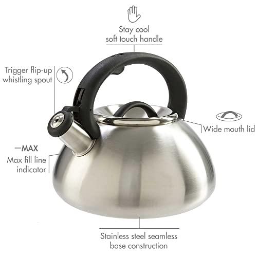 Primula Primula Avalon Whistling Stovetop Tea Kettle Food Grade Wide Mouth, Fast to Boil, Cool Touch Handle, 2.5-Quart, Brushed Stainless Steel