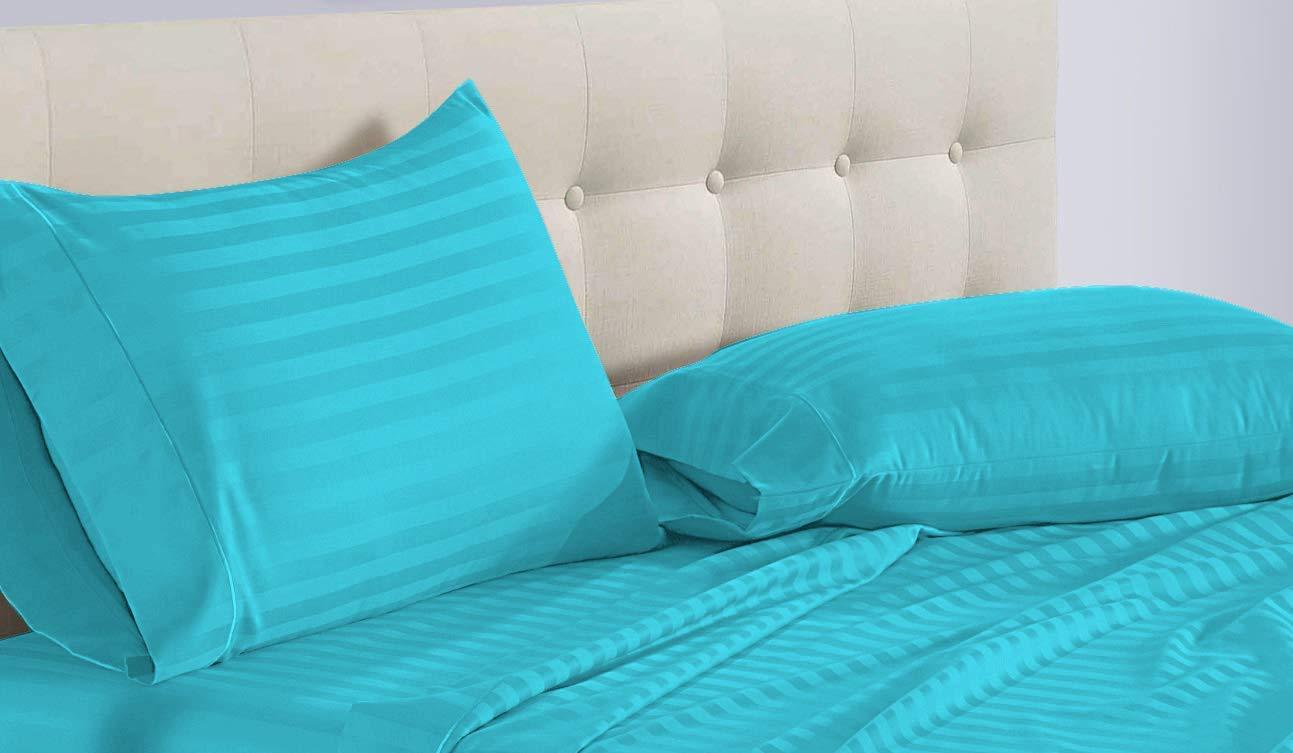 Plaza Cotton Collection Silky-Soft 1800 Thread Count Heavy Egyptian Cotton King Size 6-PCs Luxury Bed Sheets Set (1 Fitted, 1 Flat, 4 Pillowcase) Fits 21-24\" Deep Pocket, (Stripe, Turquoise)