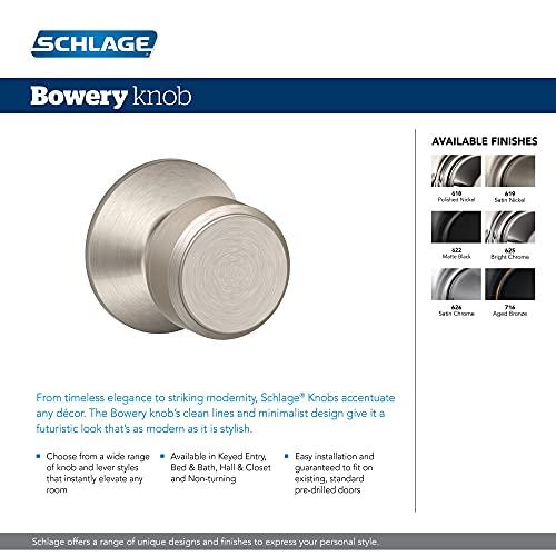 SCHLAGE Schlage F10 BWE 619 COL Bowery Door Knob with Collins Trim, Hall & Closet Passage Lock, Satin Nickel