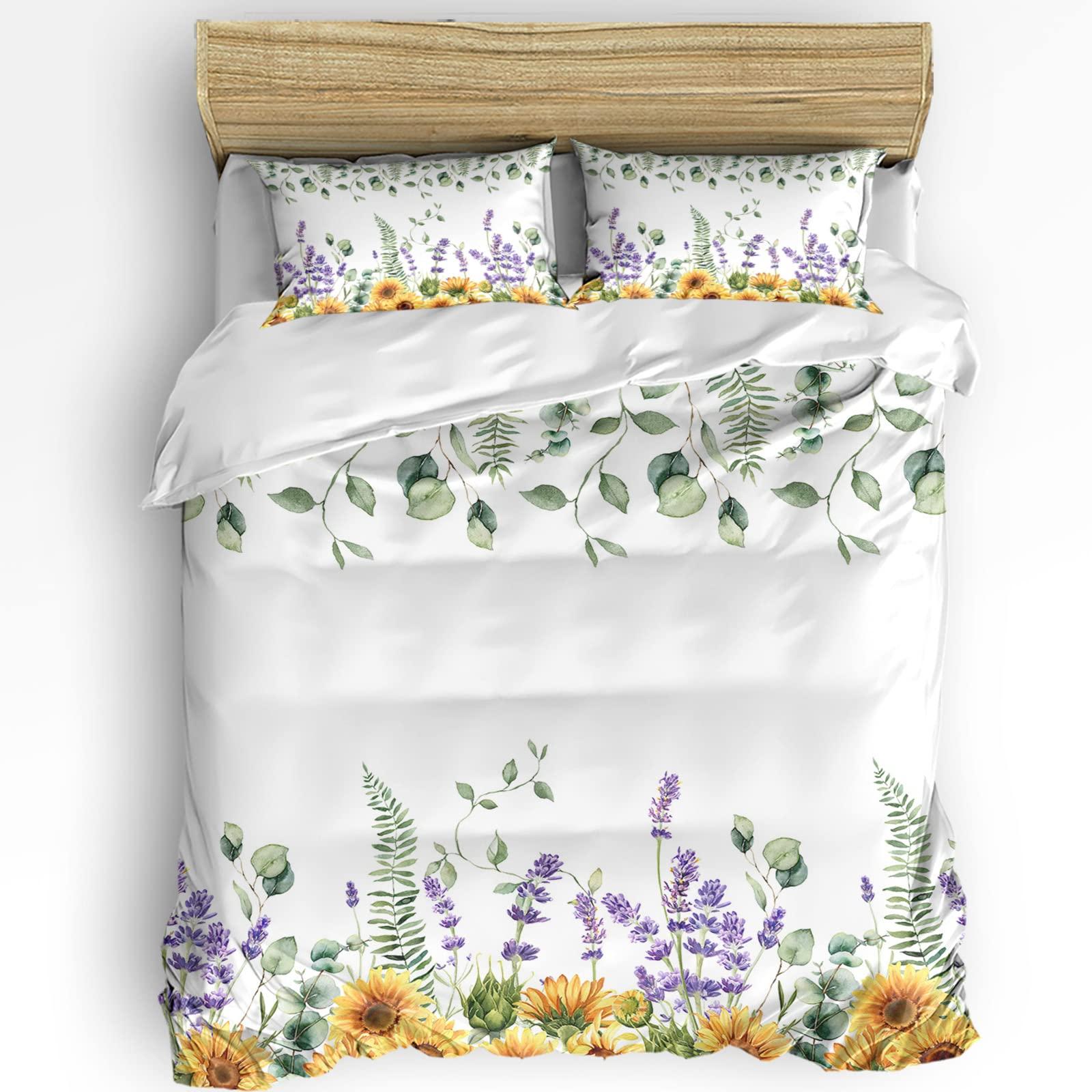 Sabolny Sunflower Queen Duvet Cover Set,Washed Soft Microfiber Bed Comforter Quilt Cover with Ties/Zipper,Wildflowers Eucalyptus Lavender Spring Summer Patterned Textured Bedding Duvet-Covers