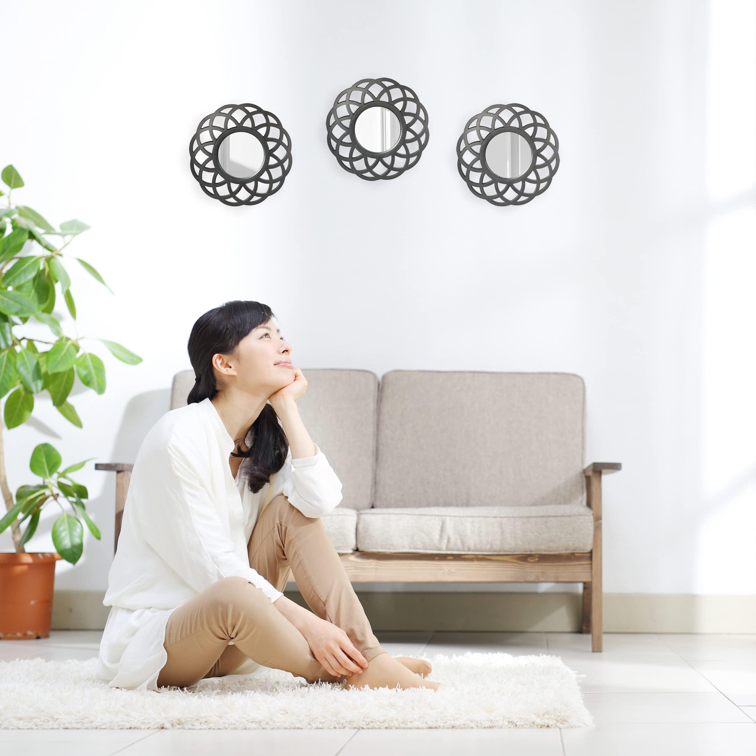 Relaxdays Relaxdays Set of 3 Mirrors, Round, Decorative, 26 cm, Wall Mounted, Plastic Frame, Lounge, Bedroom & Hallway, Black, Glass