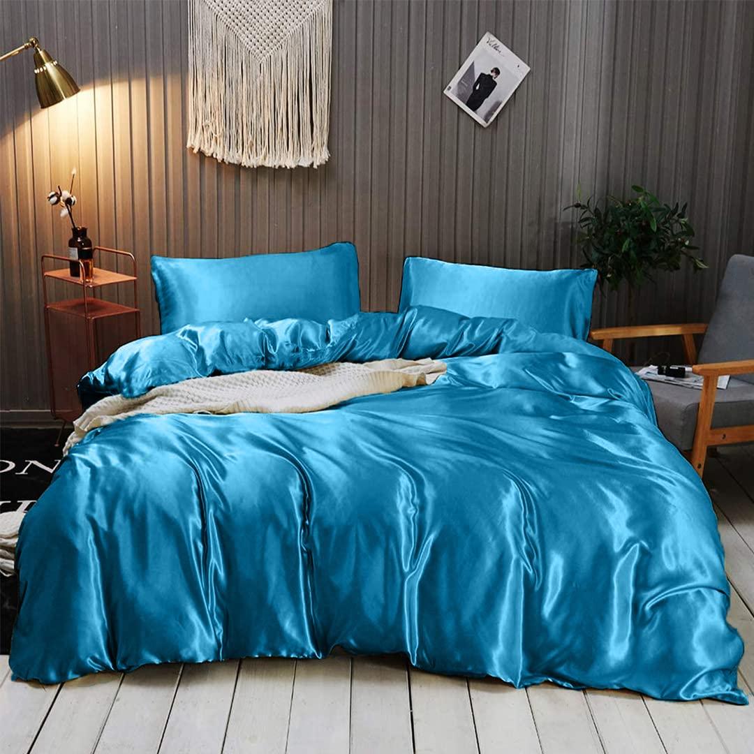 Rico Bedding Full XL Silk Sheet Set 7 Piece Silk Satin Sheets Set- Silk Satin Duvet Set - Hotel Luxury Bed Sheets - Deep Pockets - Breathable Cooling - Wrinkle Free - Comfy-Turquoise Blue Bed Sheets