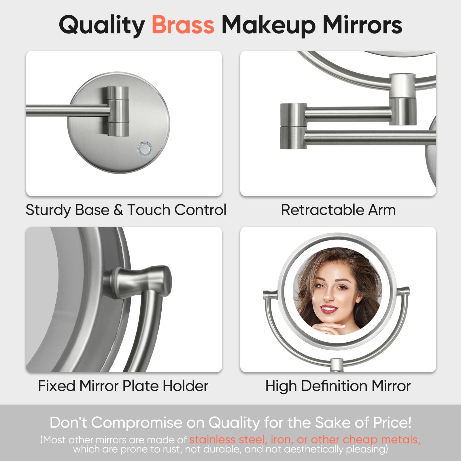 GURUN GURUN Wall Mounted Hardwired Makeup Mirror with 3 Dimmable LED Lights 10x Magnifying Mirror for Bathroom Touch Control 13\" Extendable Arm Direct Wire Brushed Nickel M1809DN (10x,Nickel)