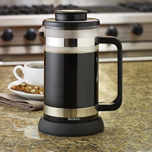 BonJour BonJour Coffee Borosilicate Glass French Press with Coaster & Scoop, 33.8-Ounce, Riviera, Black