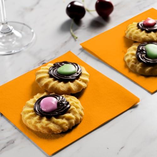 Servietto Disposable Linen-Feel Cocktail Napkins, 200-Pack 5\" x 5\" ORANGE Paper Beverage Napkins For Bar, Restaurant And Caf, Dessert Napkins For Party, Wedding Or Event