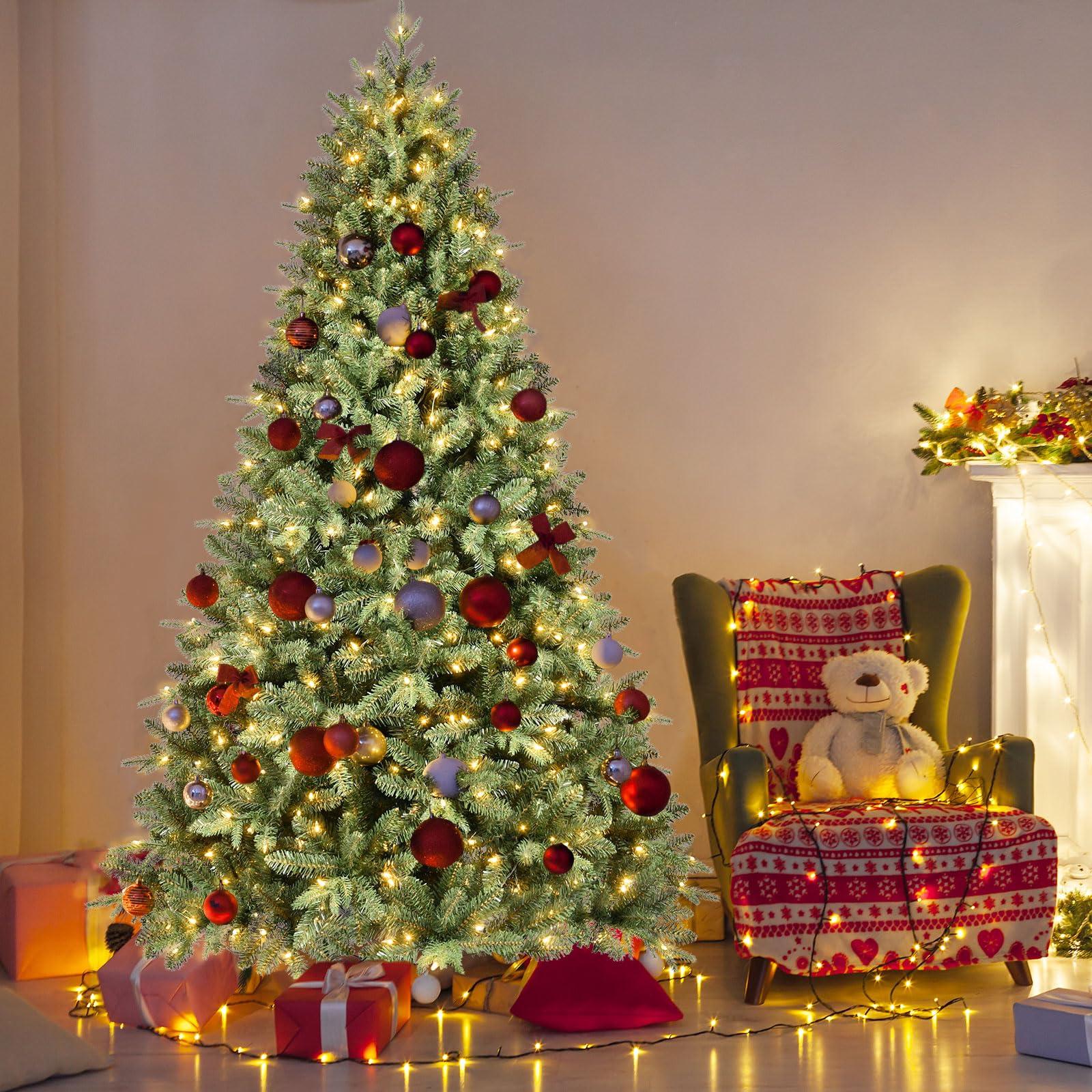 Treepool Treepool 9FT Pre-Lit Artificial Christmas Tree with 3658 PE&PVC Mixed Branch Tips, 850 Warm White Lights, Hinged Premium Spruce Fake Xmas Trees, Green, Foldable Base