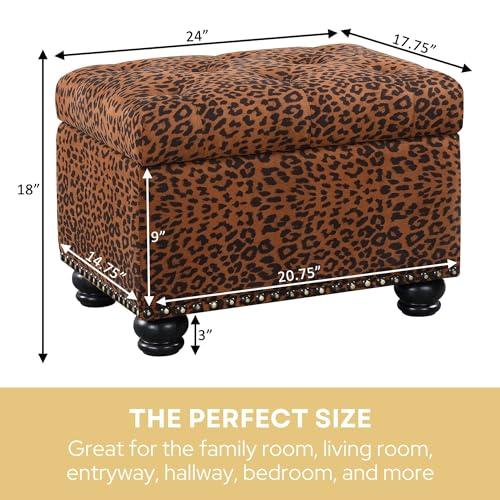 Convenience Concepts Convenience Concepts Designs4Comfort 5th Avenue Upholstered Storage Ottoman 24\" - Contemporary Foot Stool and Seat with Hinged Lid for Living Room, Dining Room, Office, Den, Forest Leopard Print Fabric