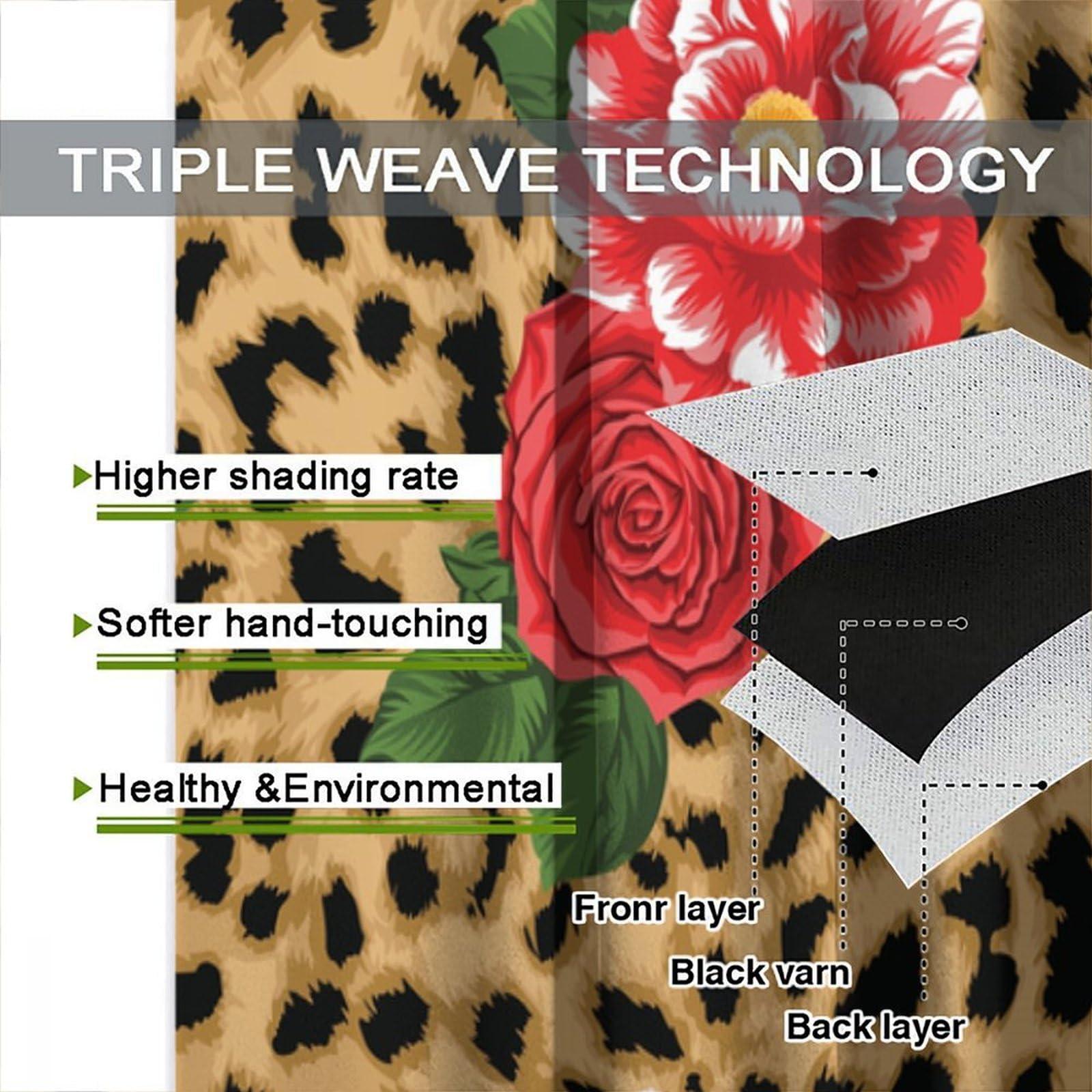 HLLYY Leopard Flower Curtains Pink Red Rose Floral Brown Animal Skin Print Print Blackout Window Drapes for Bedroom Living Room Bathroom W36xL63 Inch x2 Panels