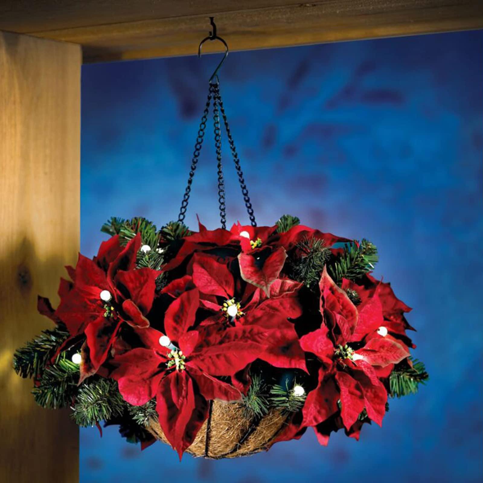 Duffire Duffire Christmas Poinsettia Hanging Basket Pre-Lit Artificial Floral Arrangement with Pine Needles for Outdoor Yard Porch Holiday Decor