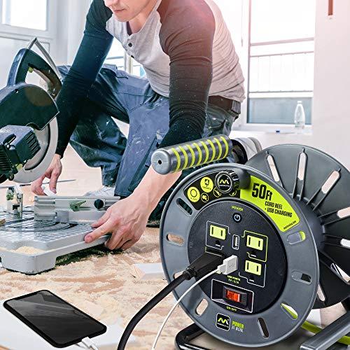 Masterplug Masterplug 50ft Cord Reel, Retractable Extension Lead with Winding Handle, Safety Overload Circuit Breaker and Power Switch, 4X Grounded Outlets, 2X USB Ports, 13amps, 14AWG Cable