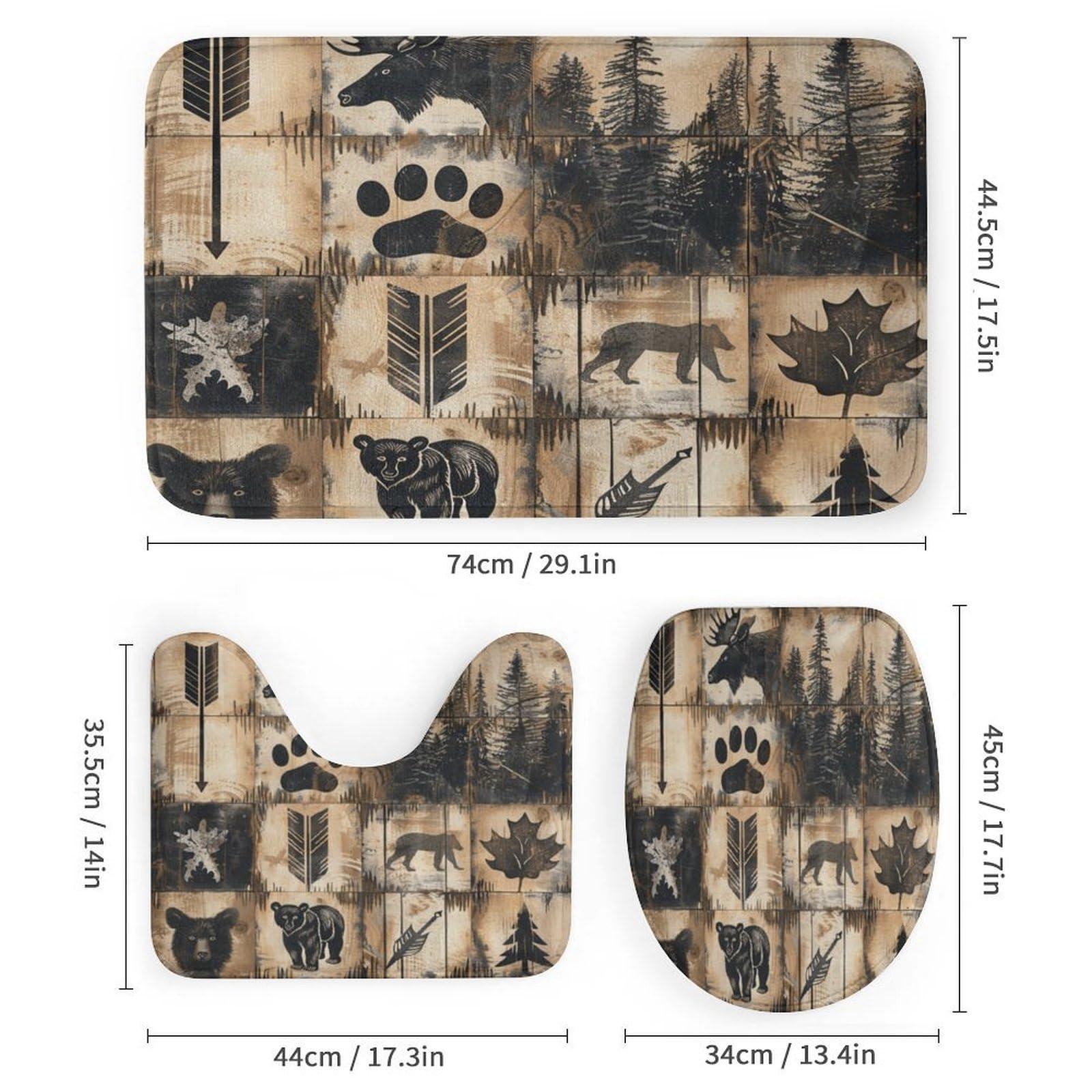 Brebasf Rustic Hunting Theme Lodge 4 Pcs Shower Curtain,Abstract Forest Farm Farmhouse Bear Claw Print Deer Shower Curtain Set Non-Slip Rugs Toilet Lid Cover Bath Mat 12 Hooks