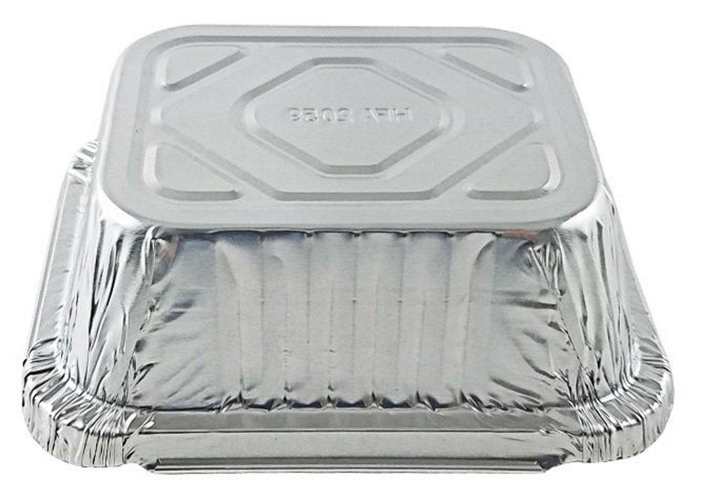 PACTOGO PACTOGO 1 lb. Oblong Deep Aluminum Foil Take-Out Pan with Board Lid Disposable Containers 5.56\" x 4.56\" x 1.62\" (Pack of 50 Sets)