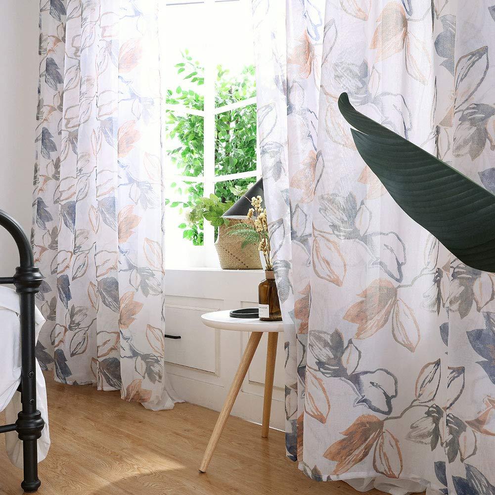 Enforose Enforose Sheer Curtains Printed, Leaf Pattern Polyester Window Drapes Sheer Floral Curtains Bedroom Living Room Decor(Brown)