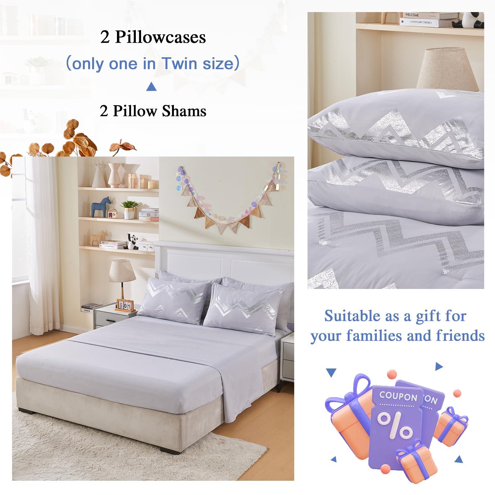 Wowelife Wowelife 6 Pieces Silver Grey Twin Comforter Set Gray Kids Twin XL Comforter Bedding Sets College Dorm for Girls & Boys Bed in A Bag Glitter with Sheets for Kids, 2 Pillow Shams and 1 Pillow Case