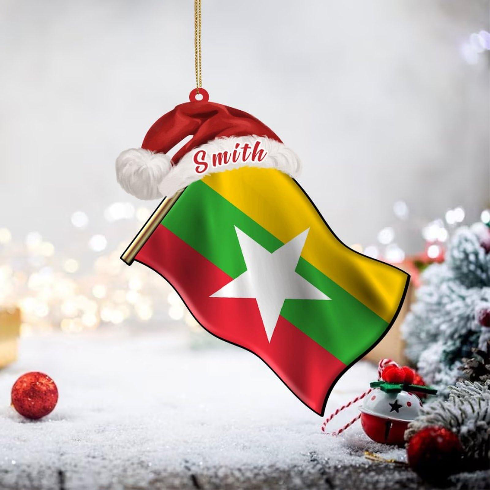 UanMere Burma Flag Acrylic Christmas Ornament Country Keepsake for Travel Friends for Burma Brother Memorial National Day Burma Personalized Acrylic Keepsake