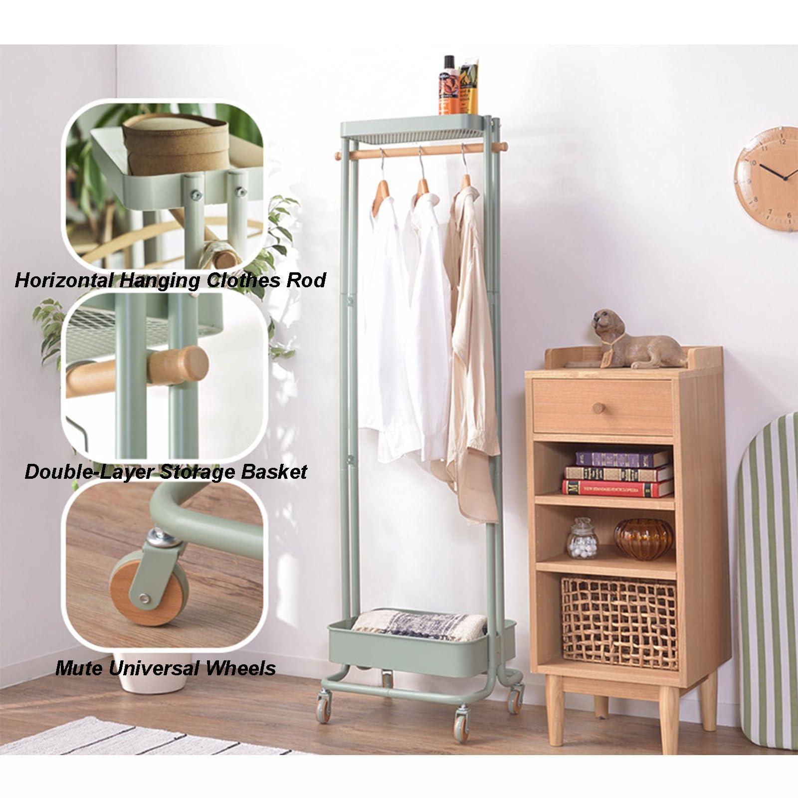 GeRRiT GeRRiT Metal Clothes Rack Vertical Hanging Clothing Rack Movable With Pulleys Coat Rack Floor-Standing Storage Racks With Double Storage Basket For Bedroom Living Room Entrance (Color : White)