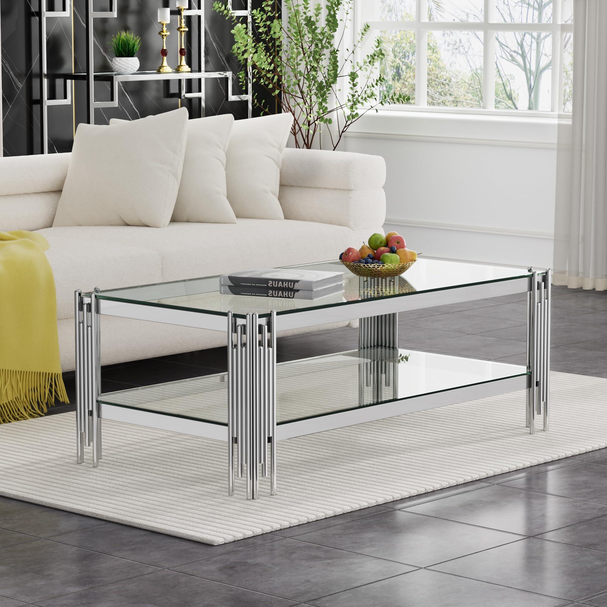 Henf 47.24" Glass Coffee Table, Luxury 2-Tier Center Coffee Table with Silver Stainless Steel Frame, Modern Rectangle Center Table Accent Cocktail Table with Low Storage Shelf for Living Room