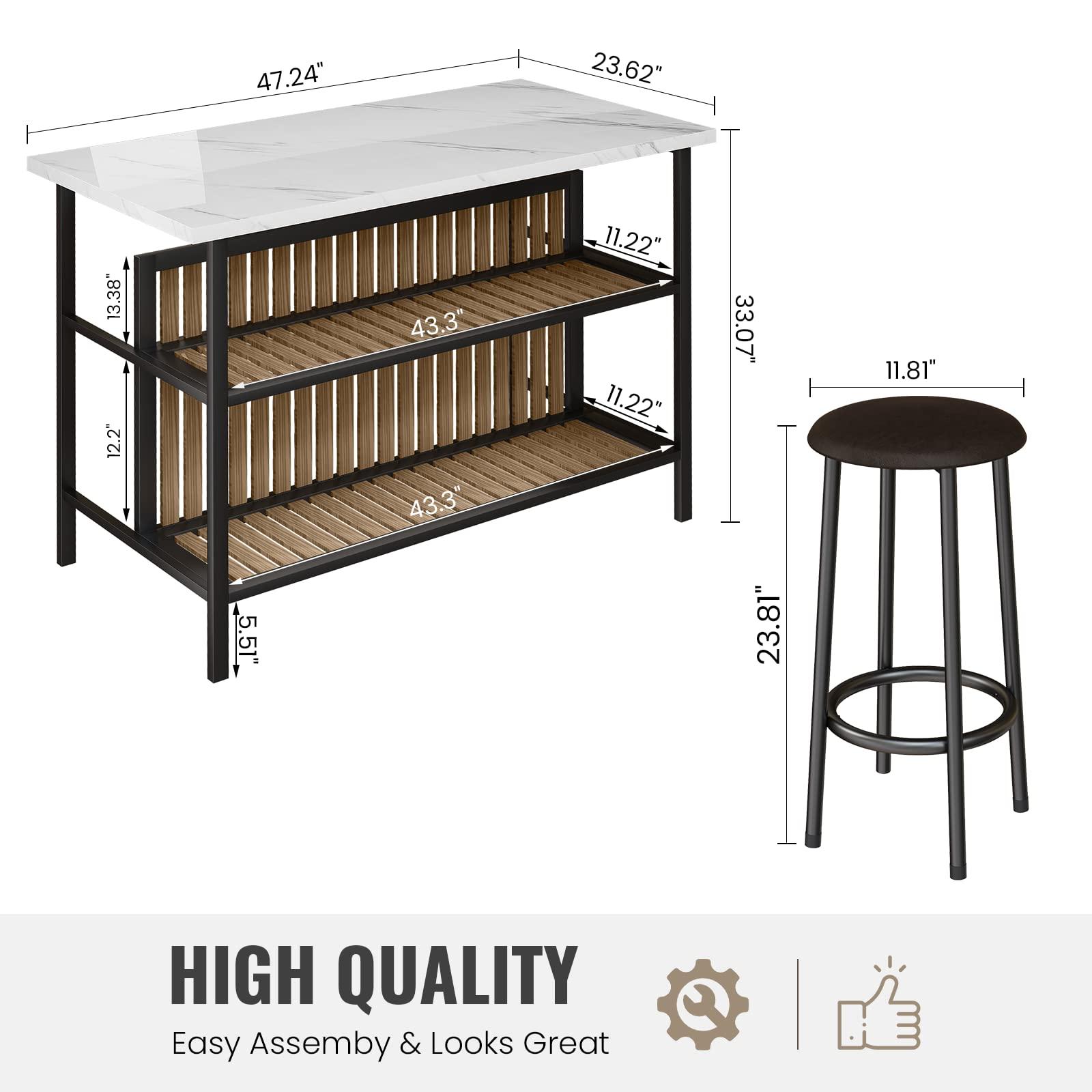 AWQM AWQM Kitchen Island with Seating & Storage Shelf, Faux Marble Island Table for Kitchen, Modern Bar Table and Chairs Set for 2,Dining Table Set for Small Space,White