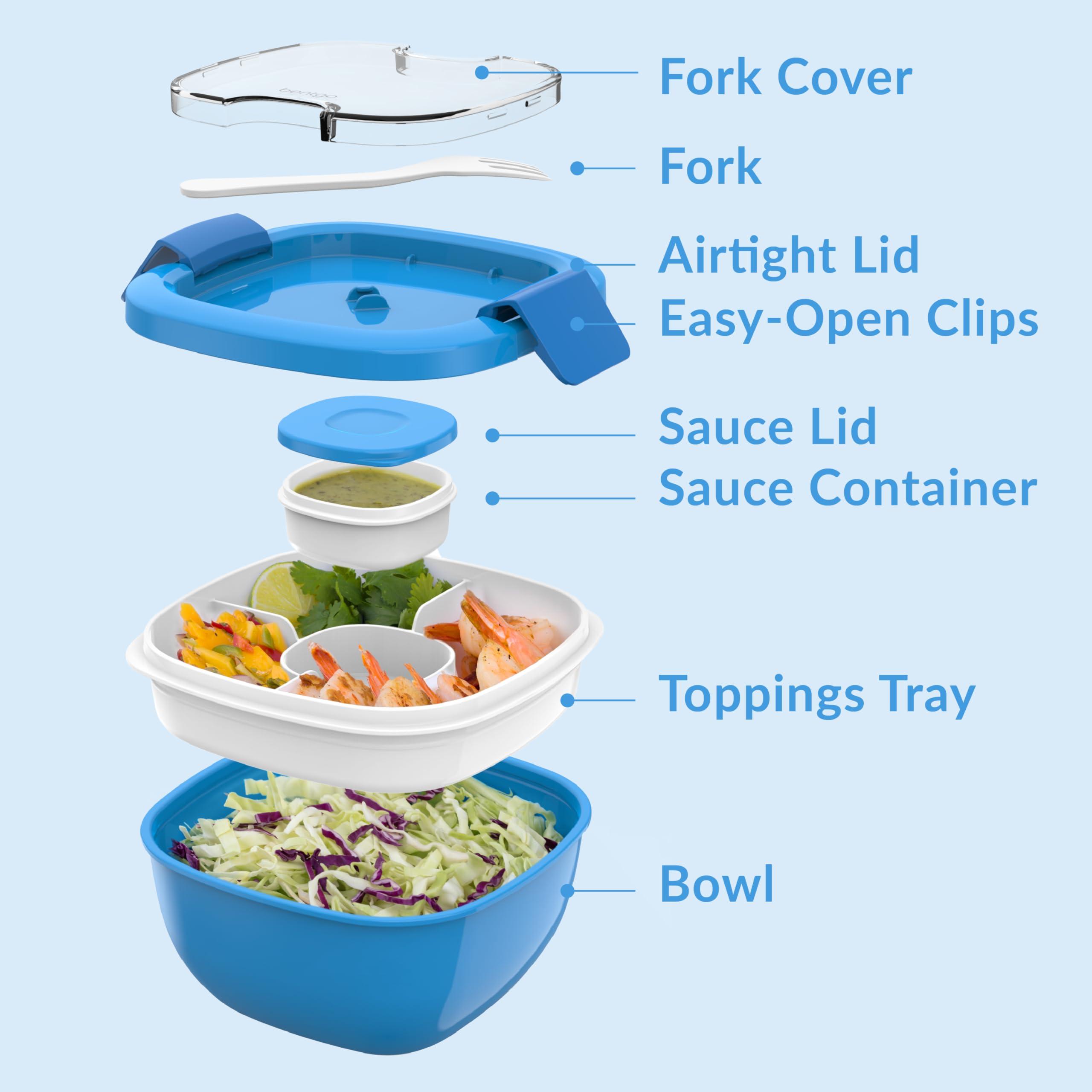 Bentgo Bentgo Salad Container - 54 oz Bowl with 4-Compartment Toppings Tray, Leak-Proof Dressing Container, Reusable Fork, BPA-Free Lunch Box for Meal Prep & Food Storage; Removable Bento Tray (Blue)