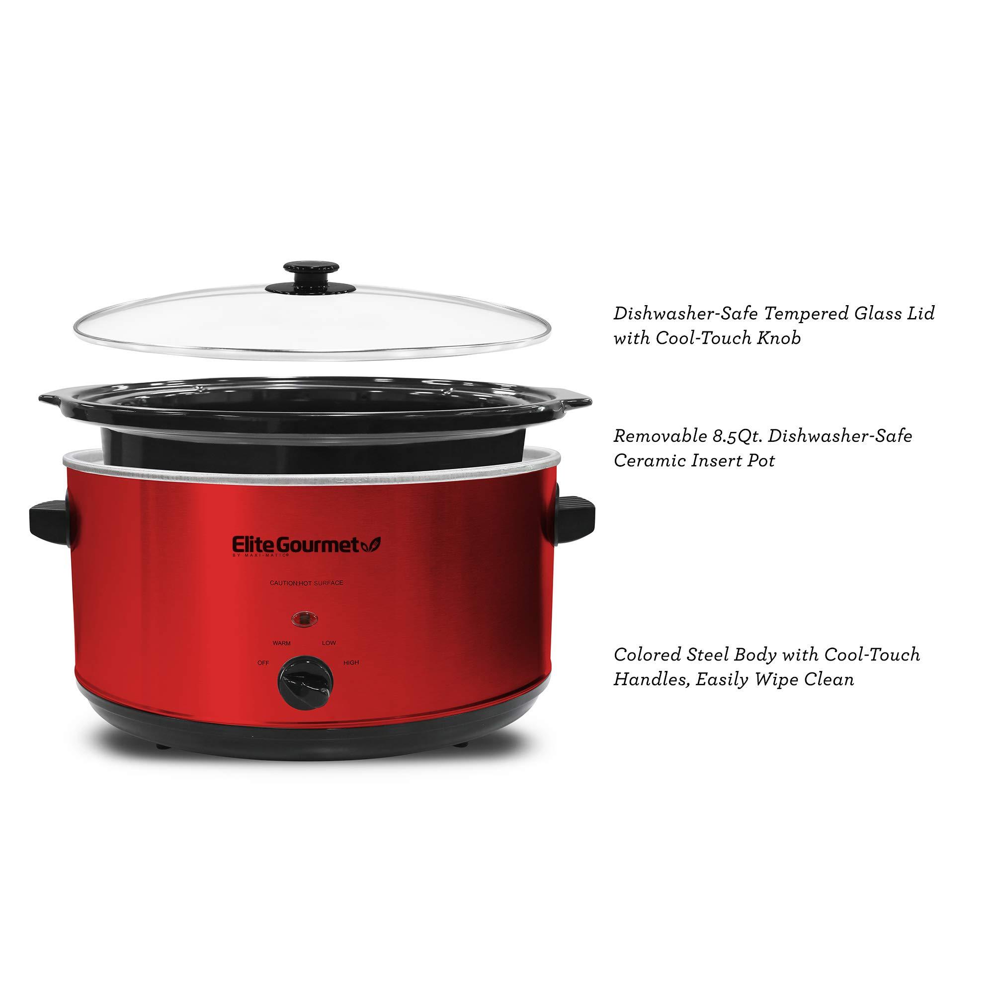 Elite Gourmet Elite Gourmet MST-900RXT# Electric Ceramic XL Jumbo Slow Cooker, Adjustable Temp, Entrees, Sauces, Stews & Dips, Dishwasher Safe Glass Lid & Crock, 8.5Qt, MetallicRed